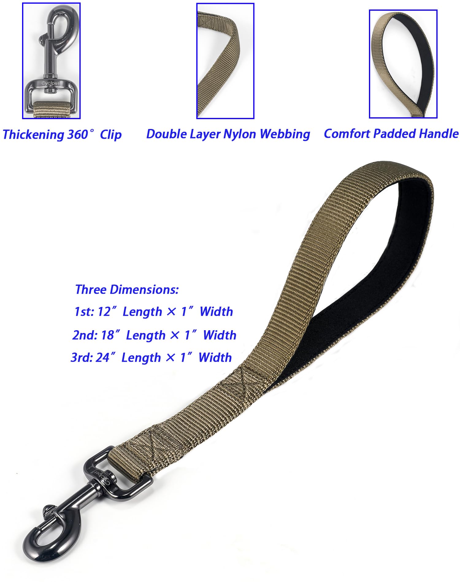 Cyclpet Advanced Short Dog Leash With Soft Padded Handle And Heavy-Dutyclip & Nylon - 12 Inches Lead For Large And Medium Breed