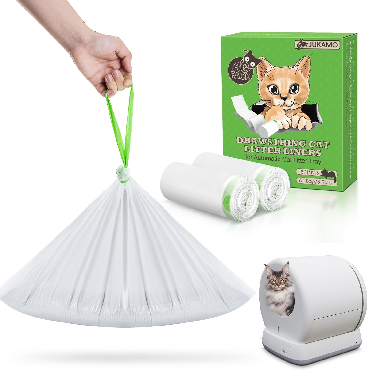 60 Pack Cat Litter Box Liners For Meo Want Sc01, Mw-Sc02, Mw-Lr01,1.5 Mil Thick Drawstring Heavy Duty Leak-Proof Disposable Smar