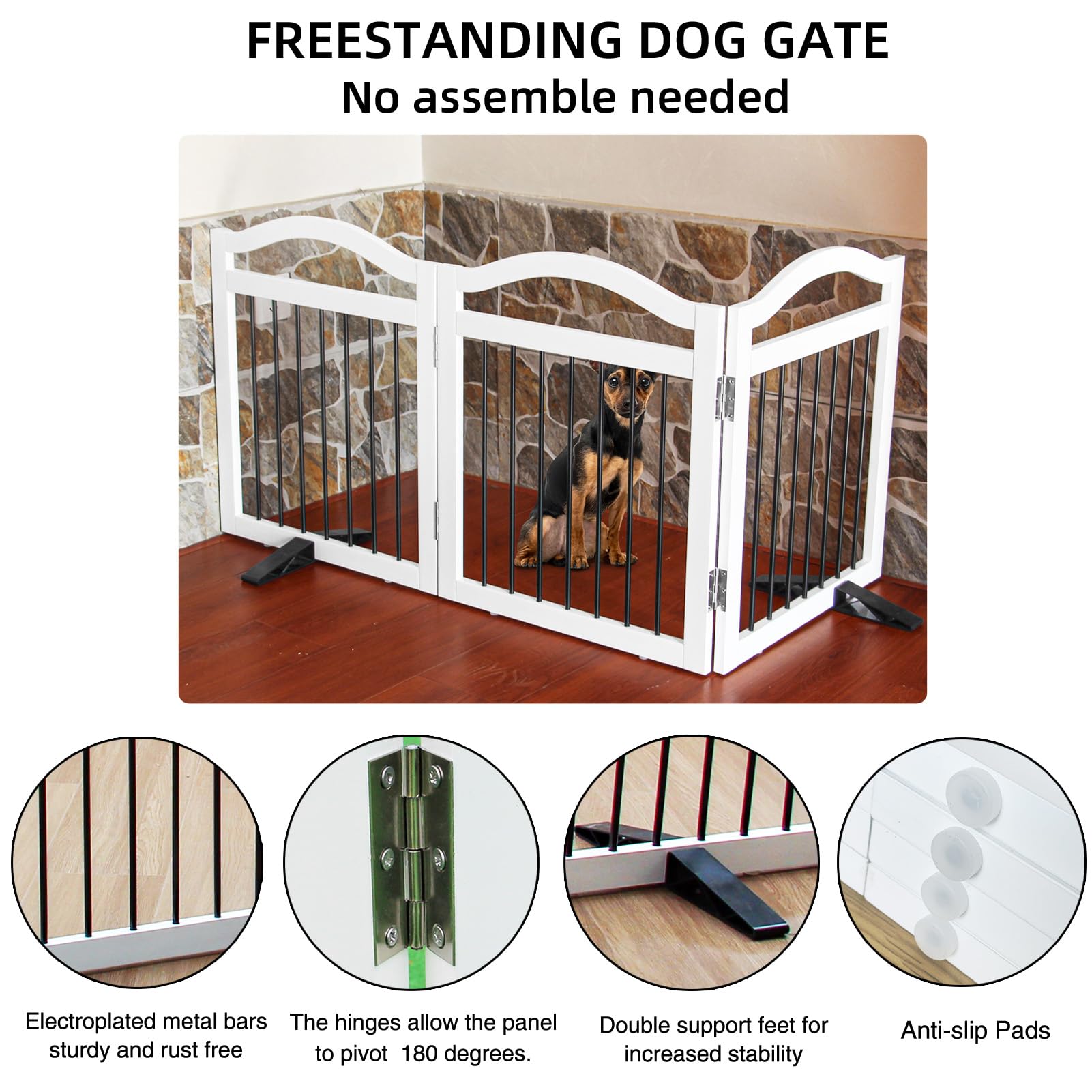Zjsf Freestanding Foldable Dog Gate Indoor, Pet Gate For Doorways, Dog Fence For The House, Sturdy Wood Puppy Gate For Stairs, White Dog Gates With Support Feet For Hallways, 24 'Height-3 Panels