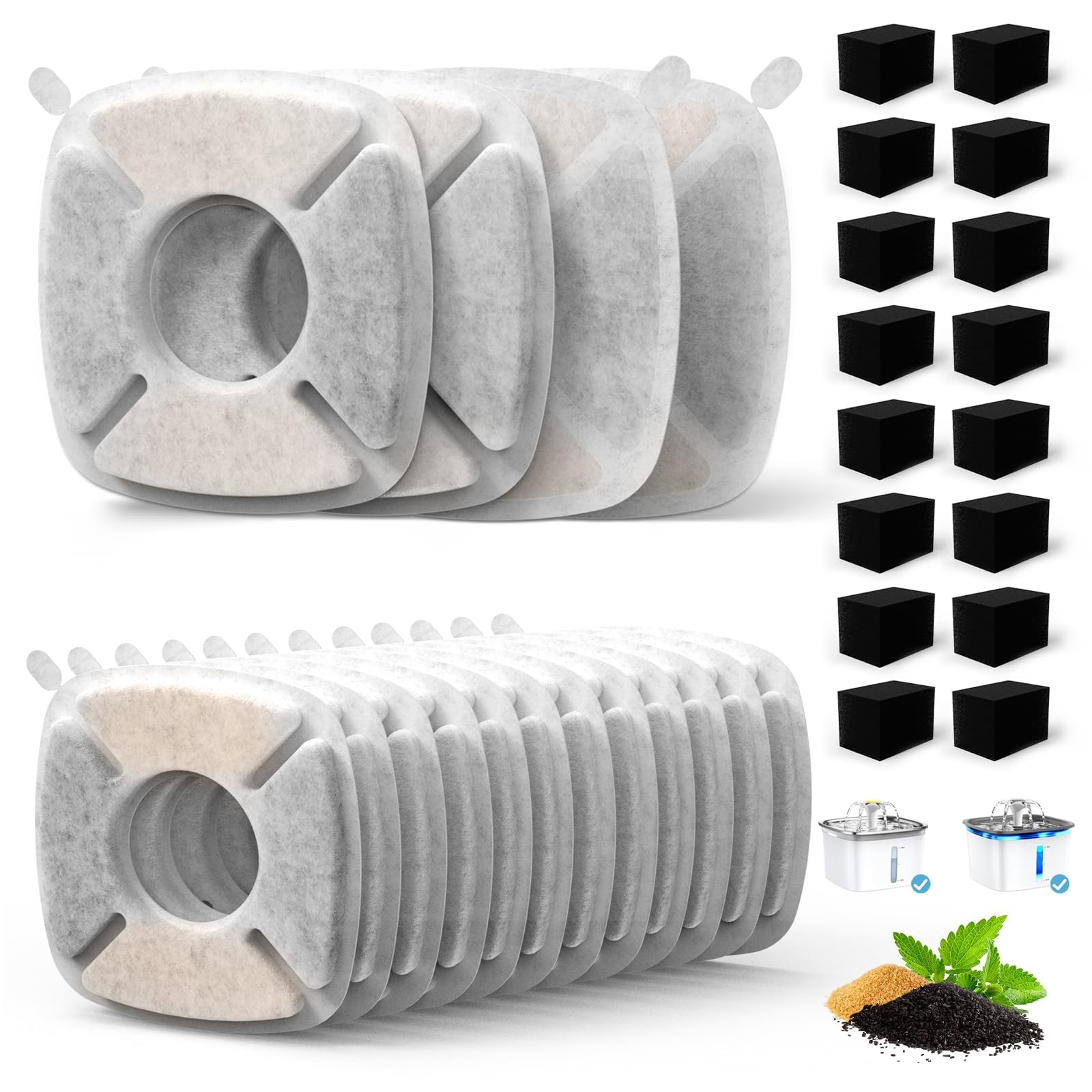 16 Pack Cat Water Fountain Filter Compatible with 67/95/135/85oz Automatic Pet Dispenser, Triple Filtration Dog Fountain Filter 