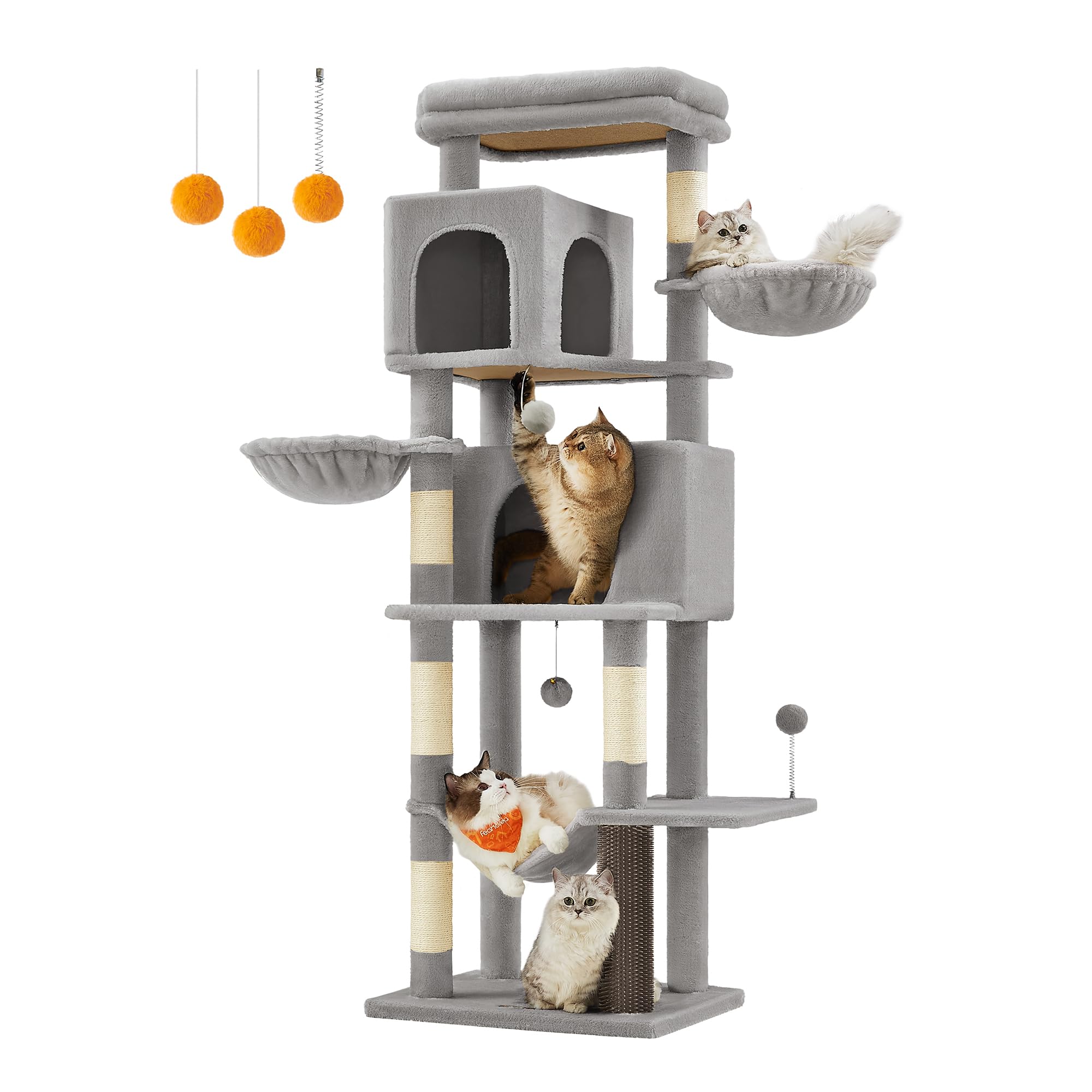 Feandrea Cat Tree, 69-Inch Tall Cat Tower for Indoor Cats, Multi-Level Cat Condo with 2 Caves, 2 Baskets, 5 Scratching Posts, Se