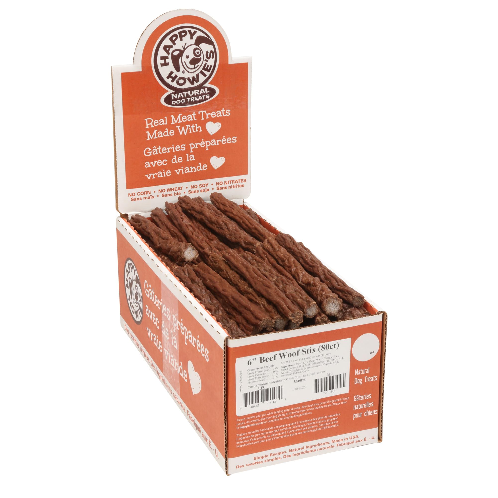 Happy Howies Woof Stix - Healthy Dog Treats, Flavorful Slow Cooked Beef Stick, Natural Ingredients, Hormone Free - Beef, 80 Cou