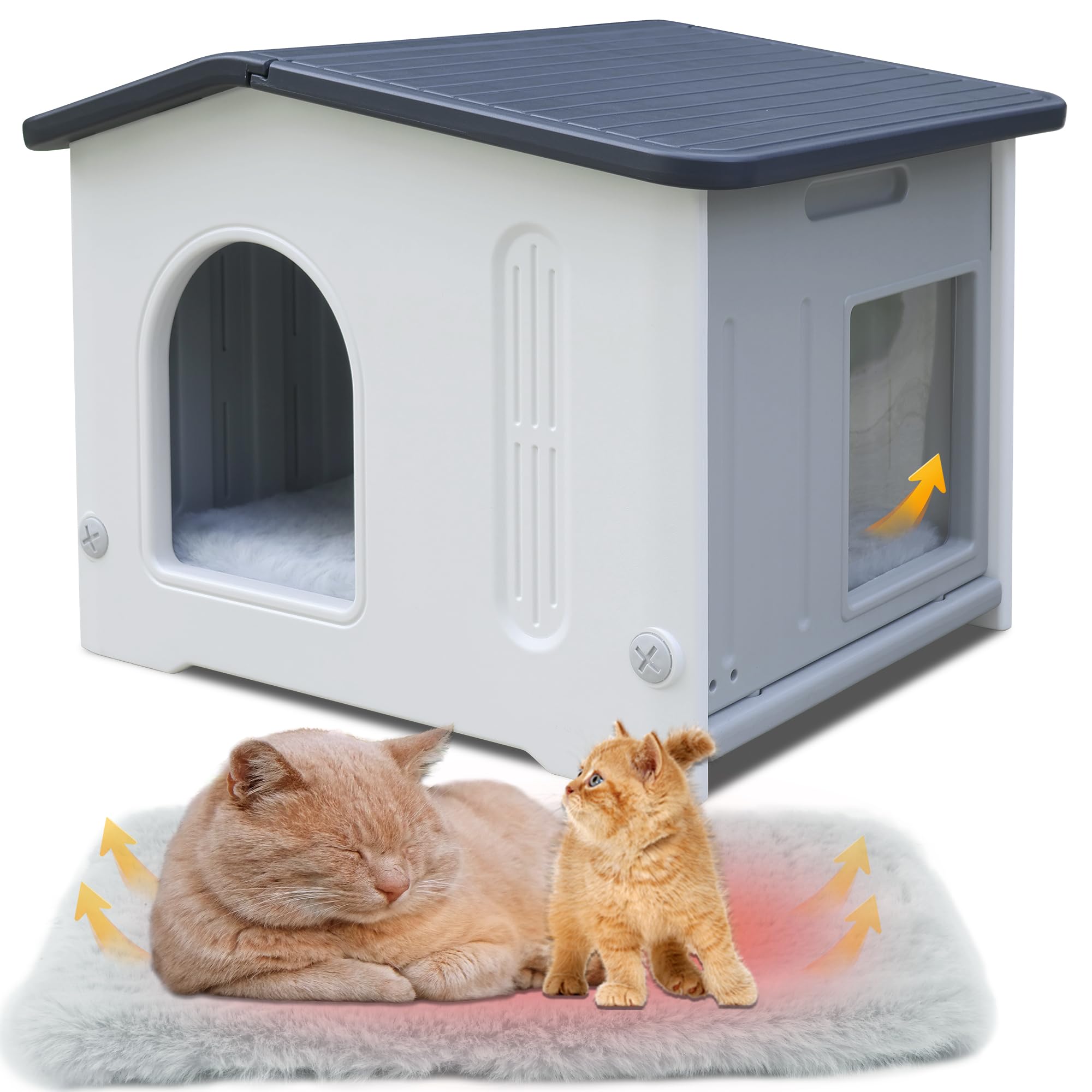 Csqoo Waterproof Outdoor Cat House With Escape Door, Plastic Cat House For Feral Cats Outdoor Cat House With Mat, Sturdy Cat Hou
