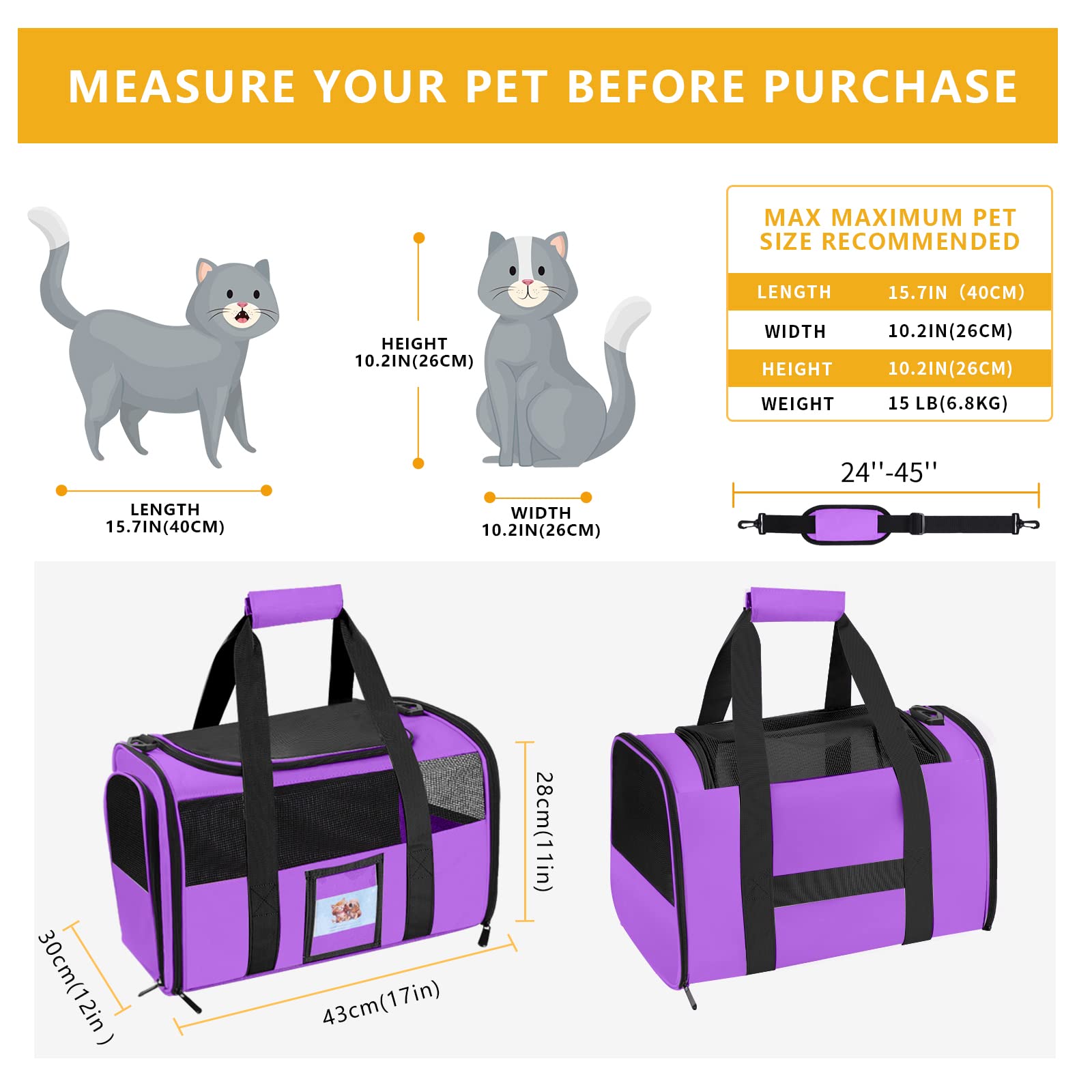 Seclato Cat Carrier Pet Carriers Airline Approved For Small Dogs Kitten Carrier For Small Medium Animals Under 15Lb, Collapsible