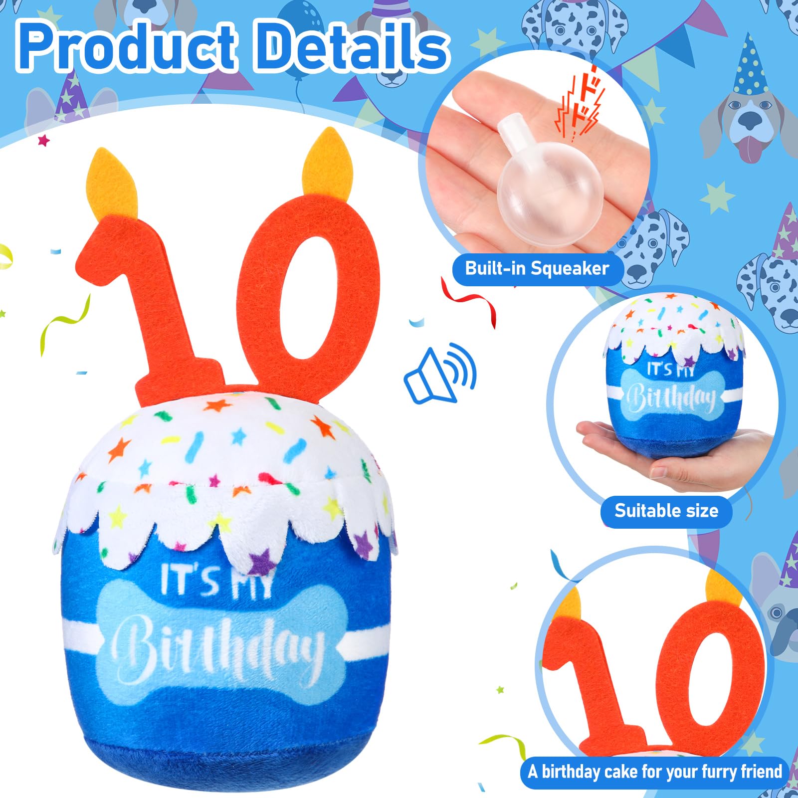 Dansydaisy Dog 10Th Birthday Cake Toy Accessories For Girl Boy Gifts, Blue Squeaky Plush Toy For Dog Birthday Party Decor Favor