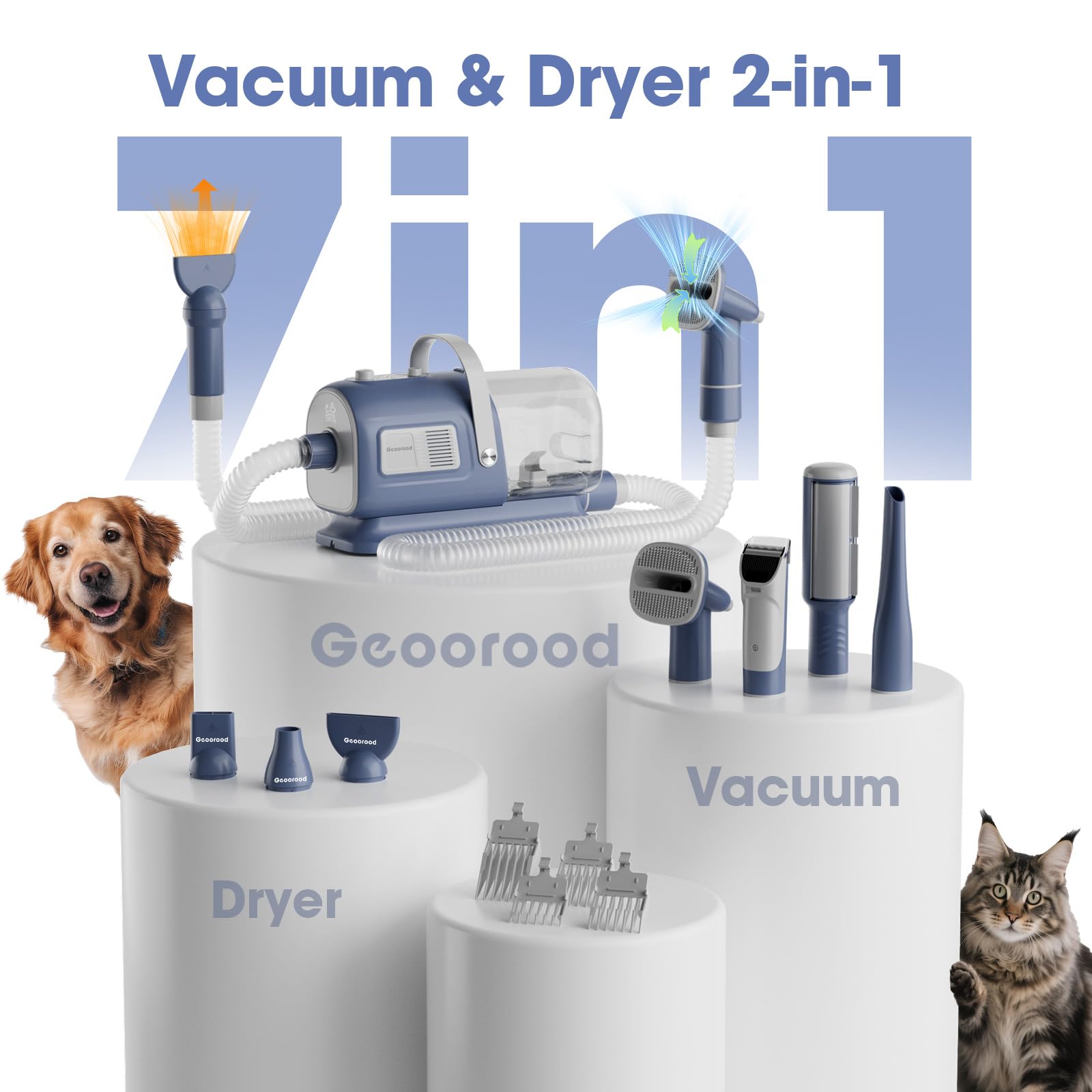 Geoorood Dog Grooming Vacuum And Dryer Kit, Blower For Pet Vacuum Grooming 7 In 1 With Clippers For Dogs Hair Shedding Brush Rem
