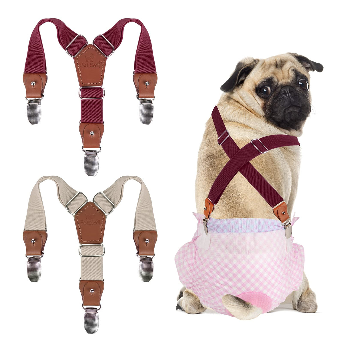 Pet Soft Dog Suspenders 2 Pieces Female Dog Diaper Suspenders For Dogs Diaper Keeper Suspender For Dog Skirt, Dog Dress (Brown & Burgundy, Xs/S)