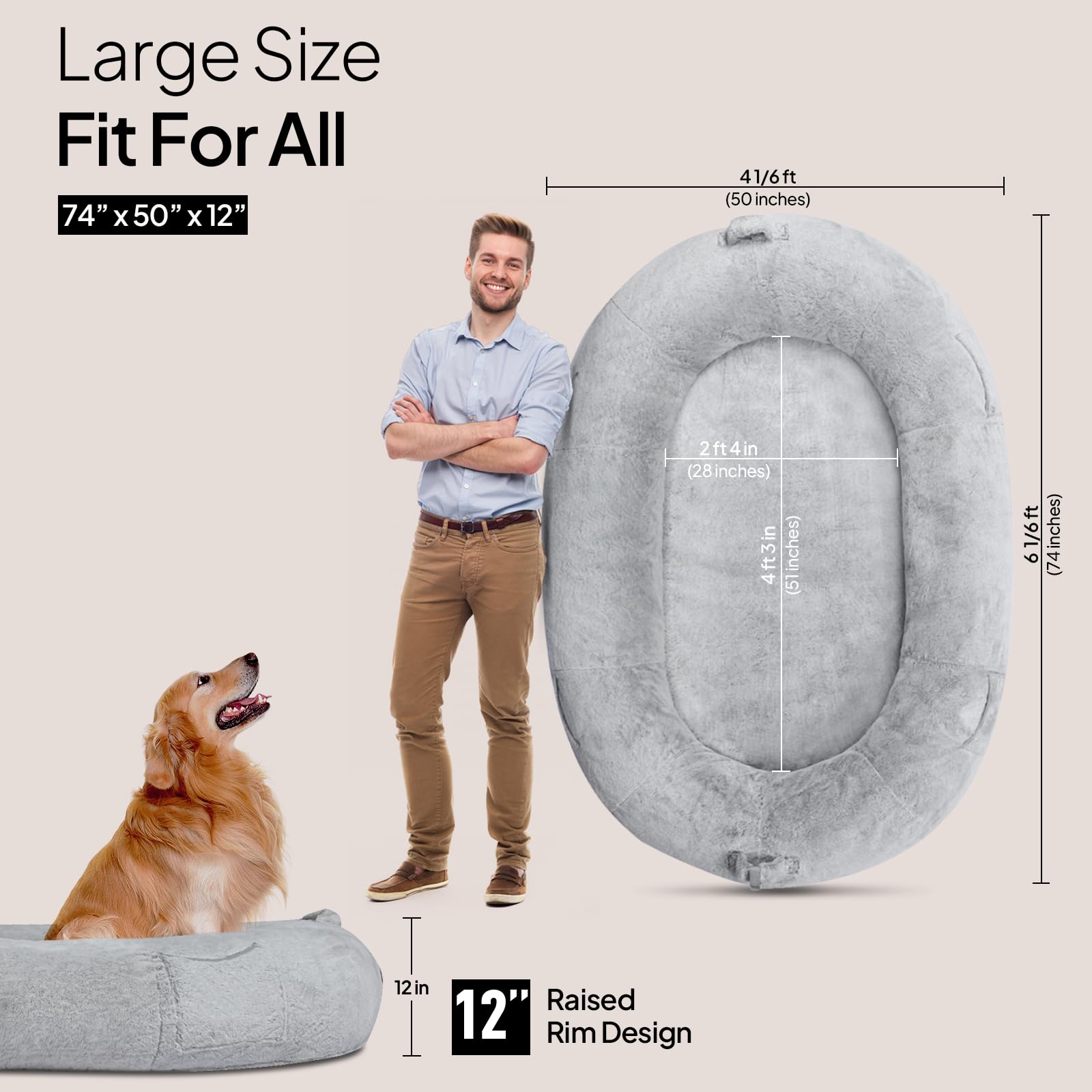 Human Dog Bed For People Large - Bean Bag Adult Size Giant Extra Sized For Kid Waterproof And Washable Anti-Slip Grey 74'X50'X