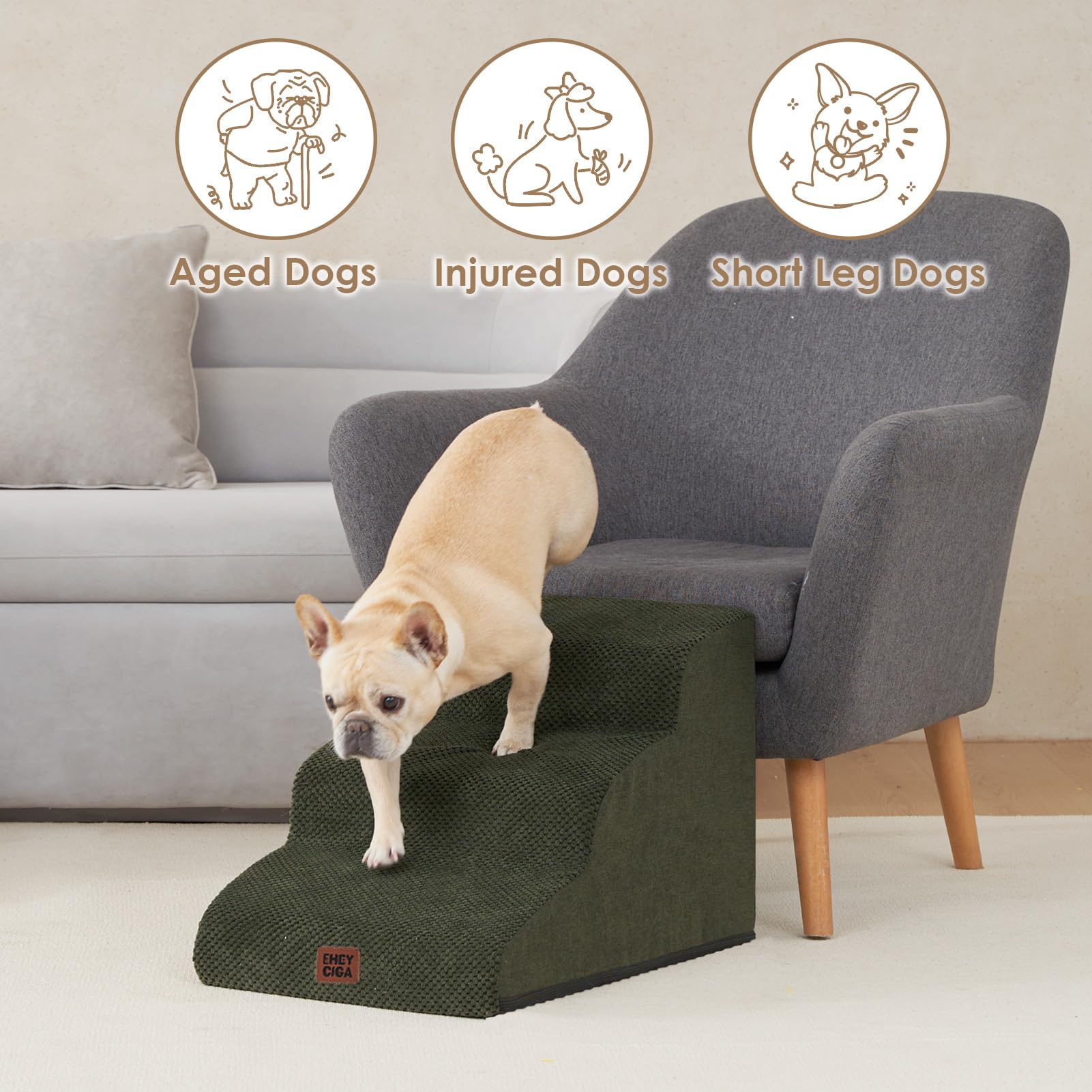 Eheyciga Curved Dog Stairs Ramp For Small Dogs 15.7' H, 3-Step Dog Steps For Couch Sofa And Chair, Pet Stairs For Cats, Non-Slip Balanced Pet Steps Indoor, Olive Green