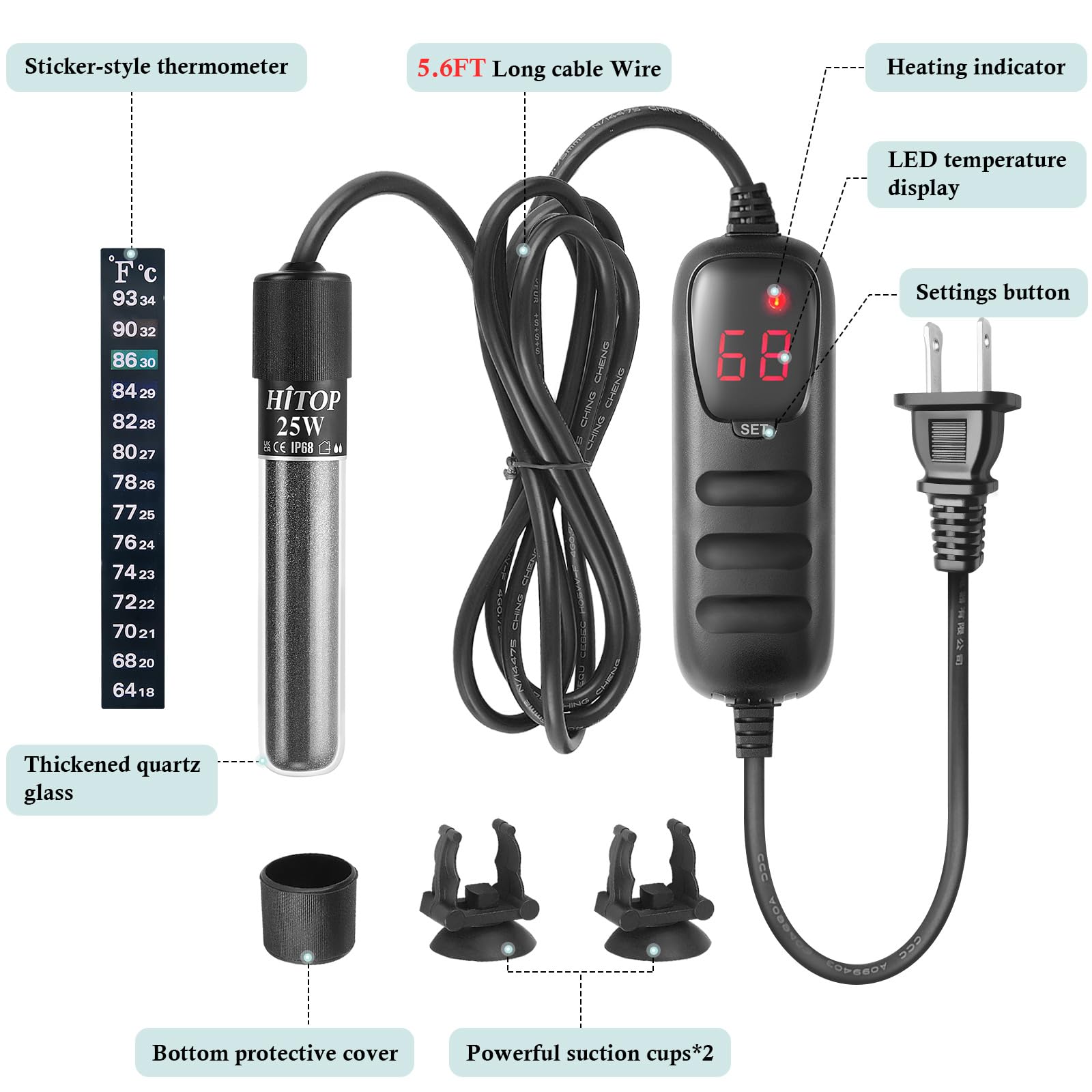 HITOP Mini Submersible Aquarium Heater 50W for 5-15 Gallon Tanks with Temperature Controller, Ideal for Freshwater & Saltwater Use