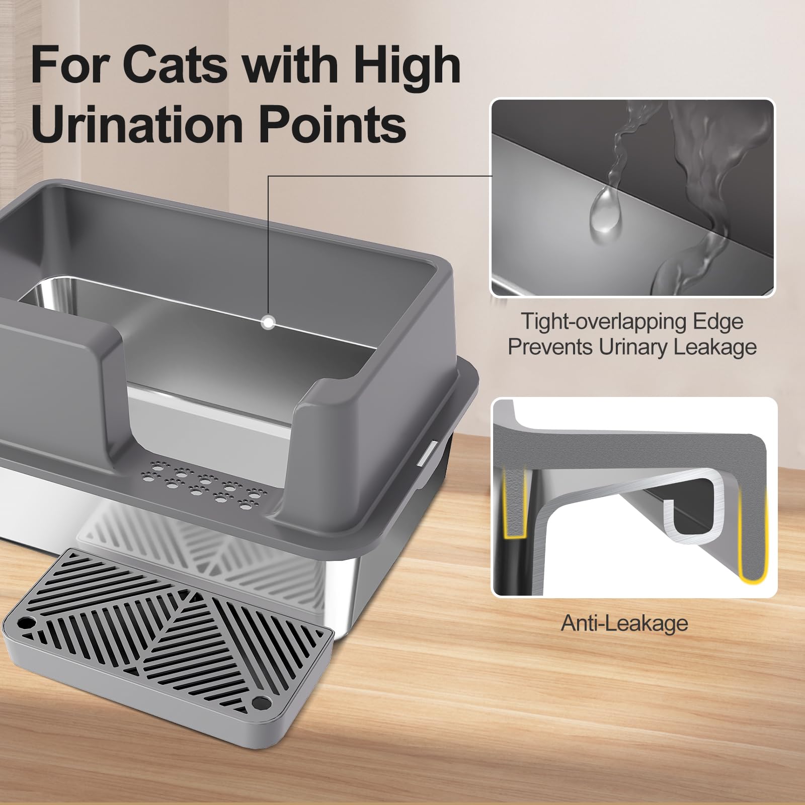 Sousia Stainless Steel Litter Box - Extra Large Steel Litter Box XL Non-Sticky Metal Litter Box Tray Anti-Leakage Easy Cleaning