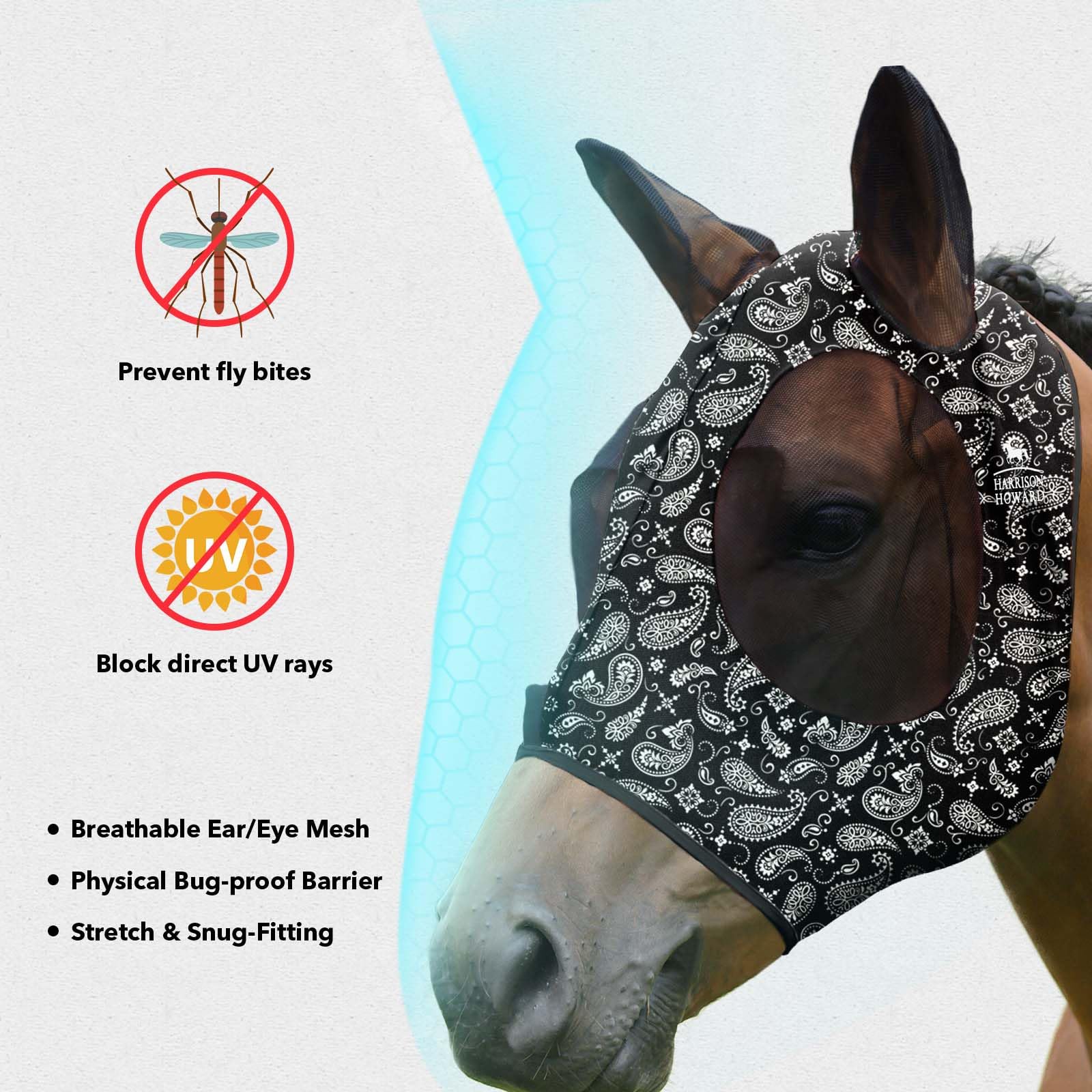 Harrison Howard Super Comfort Stretchy Fly Mask Large Eye Space with UV Protection Soft on Skin with Breathability Paisley Wave