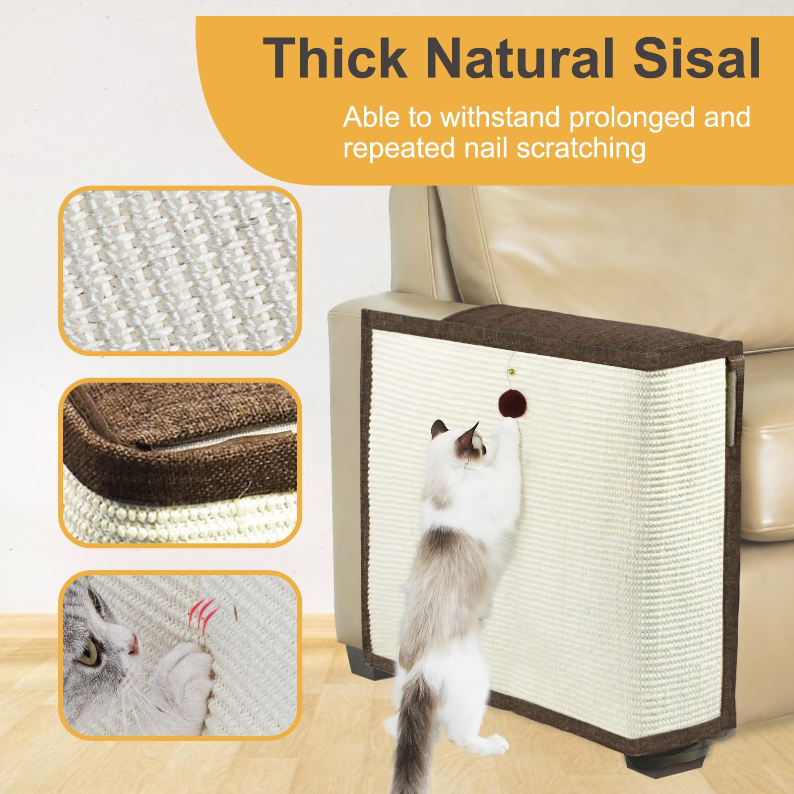 Upgraded Cat Scratch Furniture Protector,Cat Scratch Sofa Arm Sheild With 27.6L*19.6W Natural Sisal And Scratch Ball For Protect