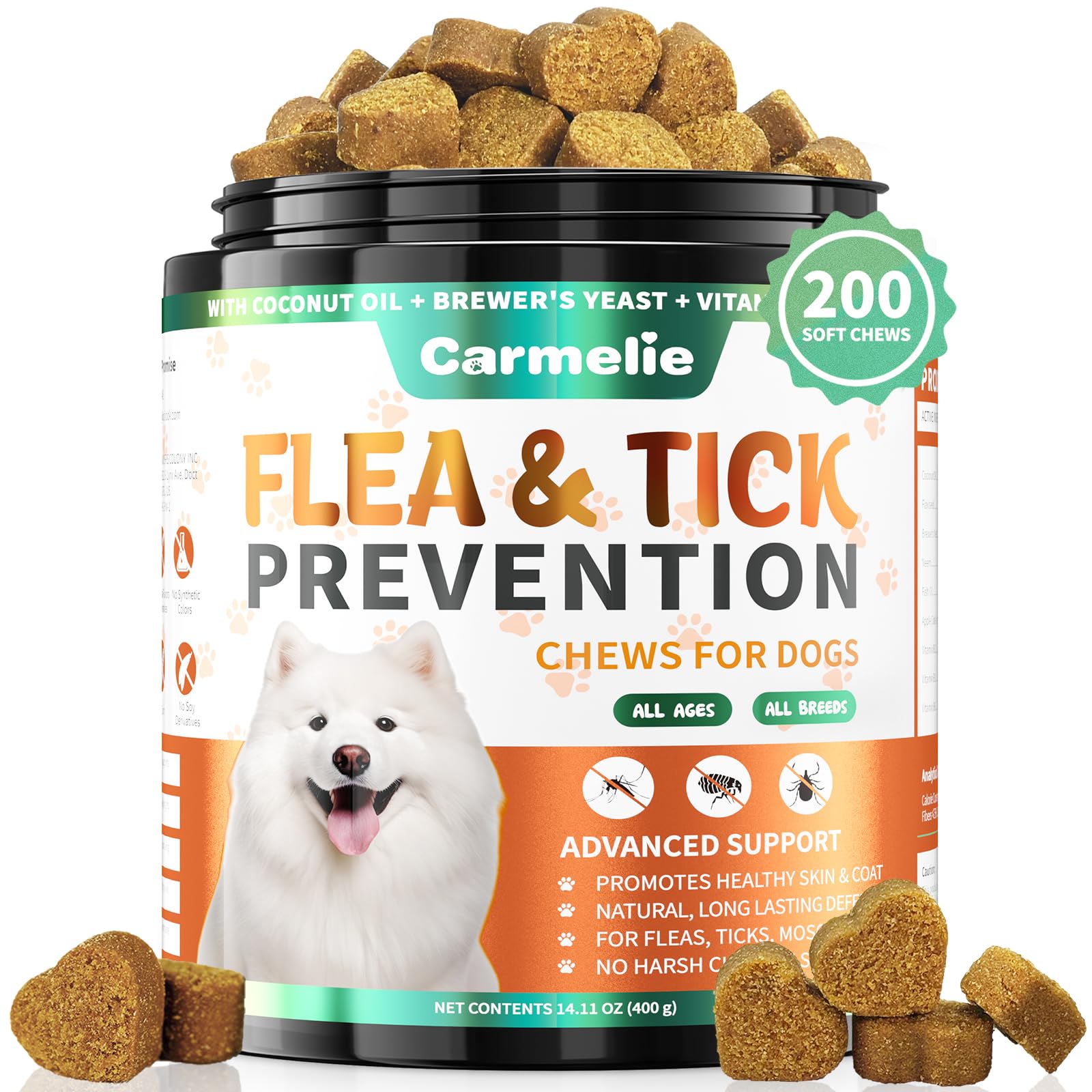 Carmelie Flea and Tick Prevention for Dogs - 200 Soft Chewables Natural Dog Flea and Tick Support - Oral Flea Supplement for All