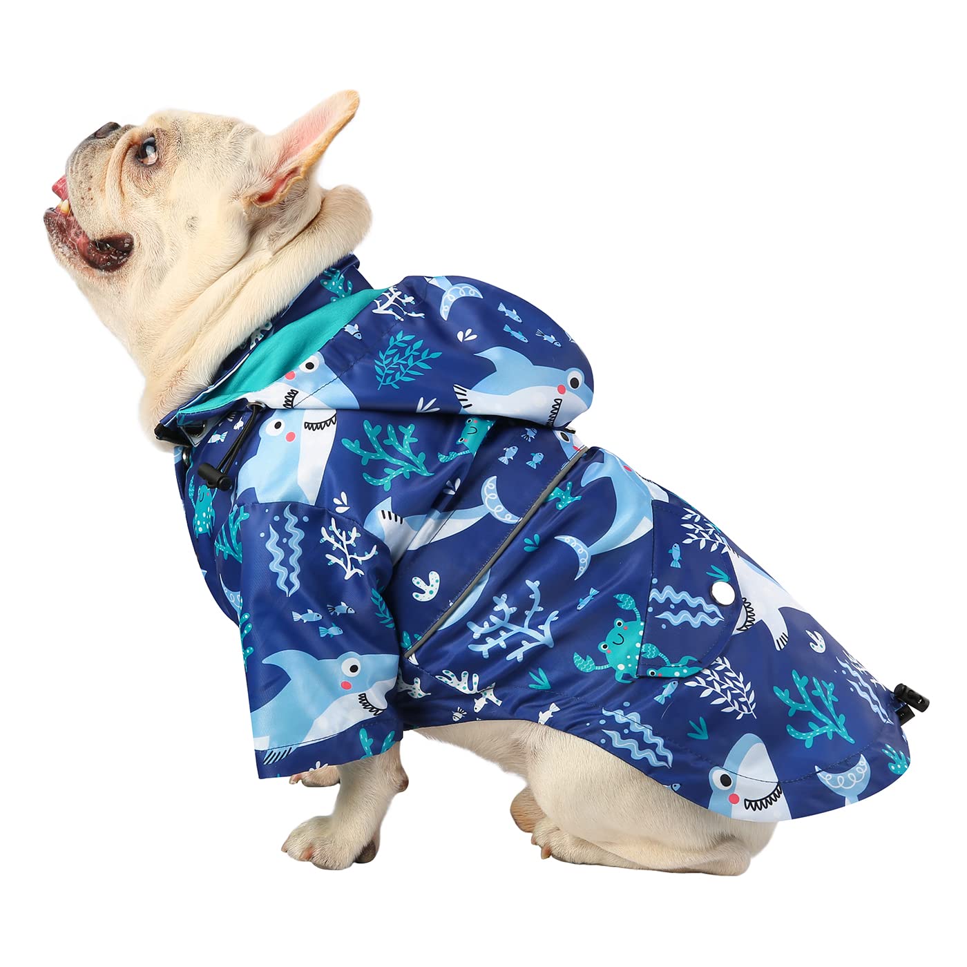Hde Dog Raincoat Double Layer Zip Rain Jacket With Hood For Small To Large Dogs Sharks - L
