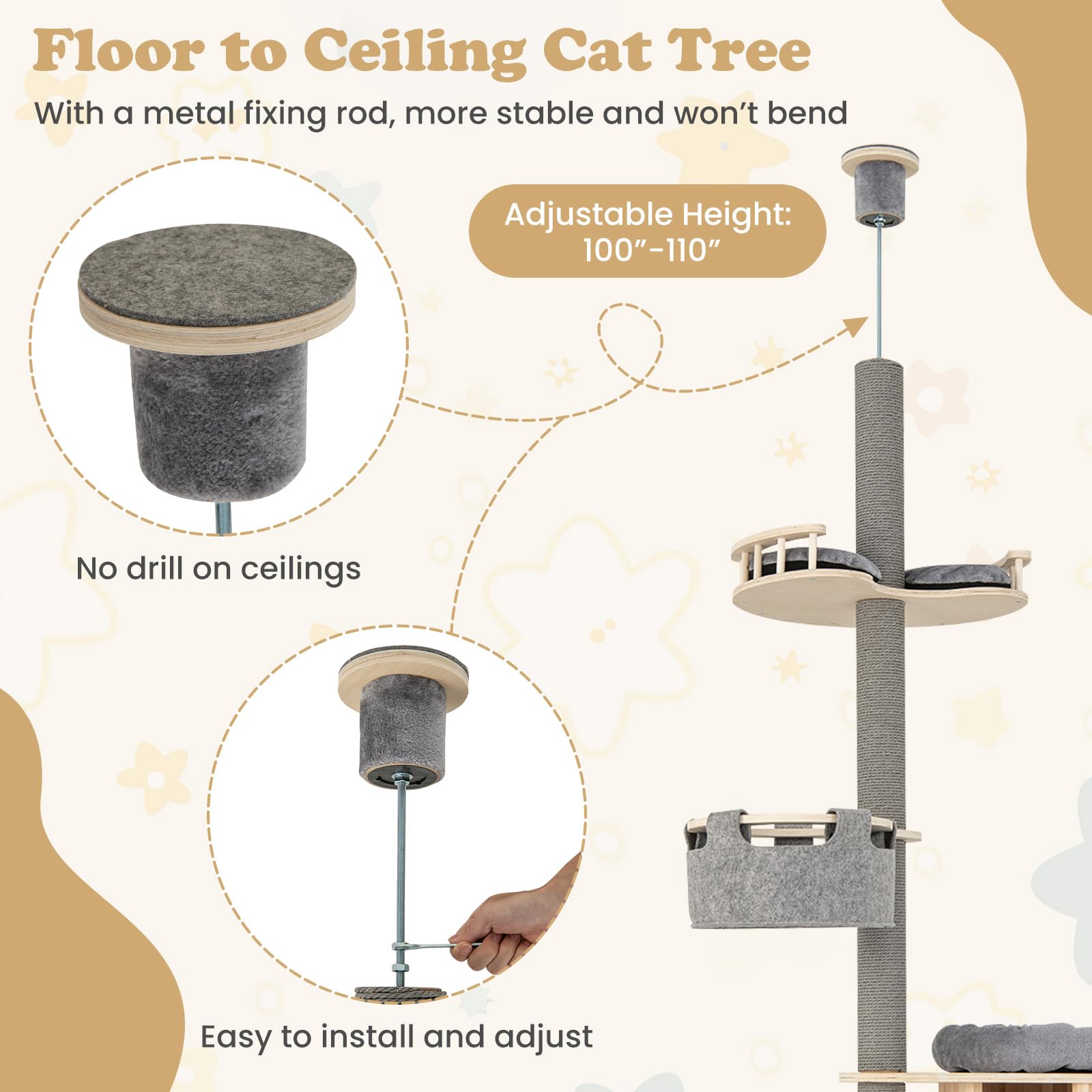 Tangkula Floor To Ceiling Cat Tree, 5 Tier Tall Cat Tower With Adjustable Height (100-110 Inch) For Large Cats, Wood Cat Climbin