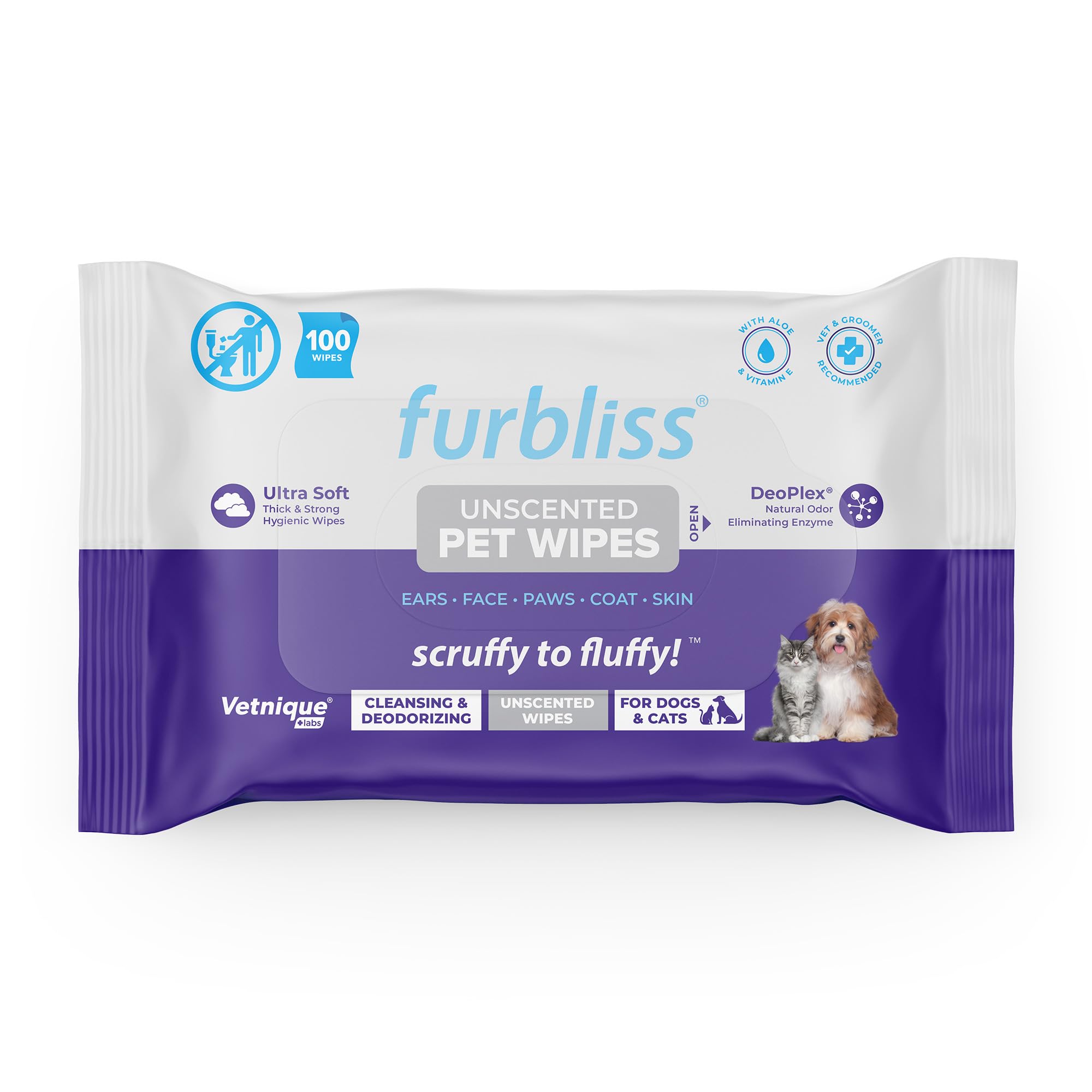 Vetnique Labs Furbliss Hygienic Pet Wipes For Dogs & Cats, Cleansing Grooming & Deodorizing Hypoallergenic Thick Wipes With All Natural Deoplex Deodorizer (Unscented, 100Ct Pouch)