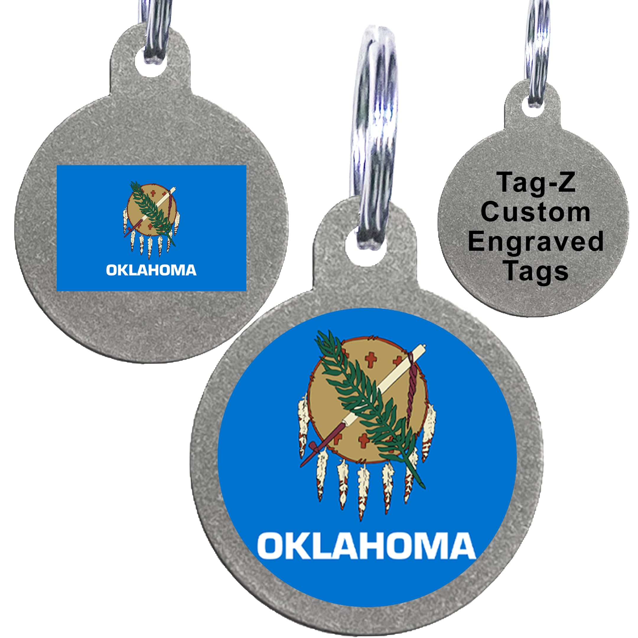 Oklahoma Flag Pet Id Tags, Custom Printed And Laser Engraved Circle