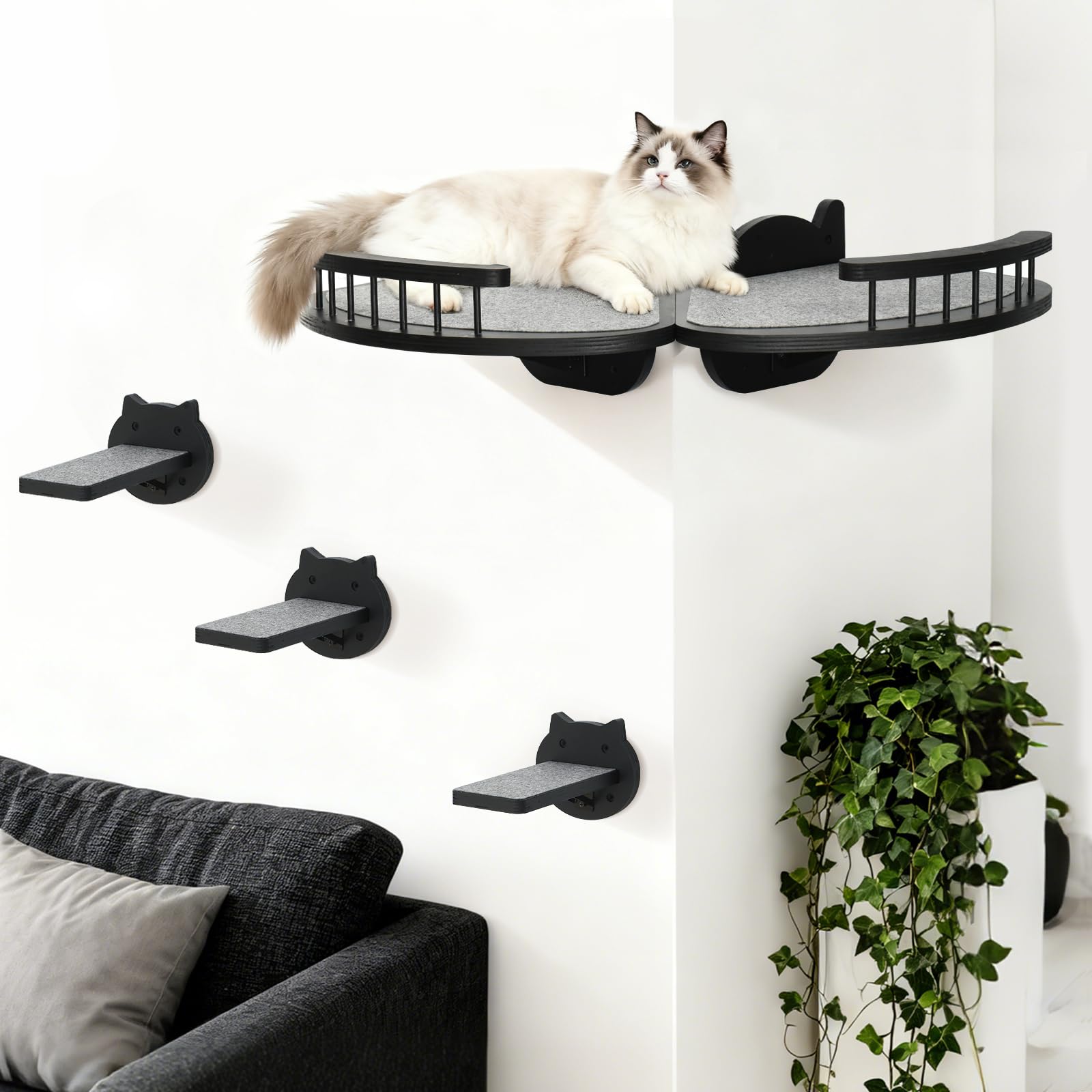 Cat Wall Shelves Furniture Set with Scratching Pad,Wooden Cat Climbing Wall Systems with 2 Perches and 3 Steps, Floating Shelves