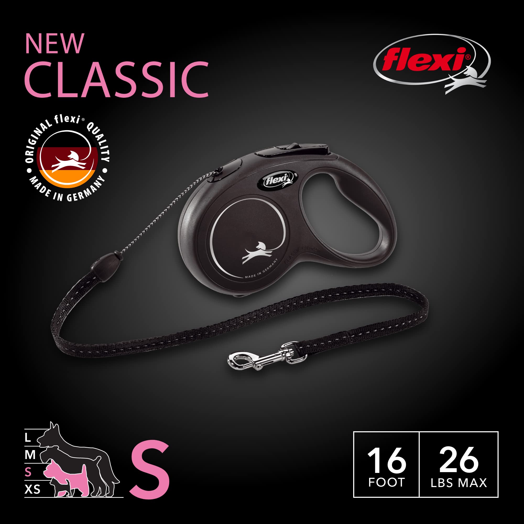 Flexi New Classic Cord Retractable Dog Leash For Small Dogs Up To 26 Lbs. – 16 Ft., Black | Tangle-Free Pet Walking Leash With One-Handed Brake, Pause, Lock|German Quality Product