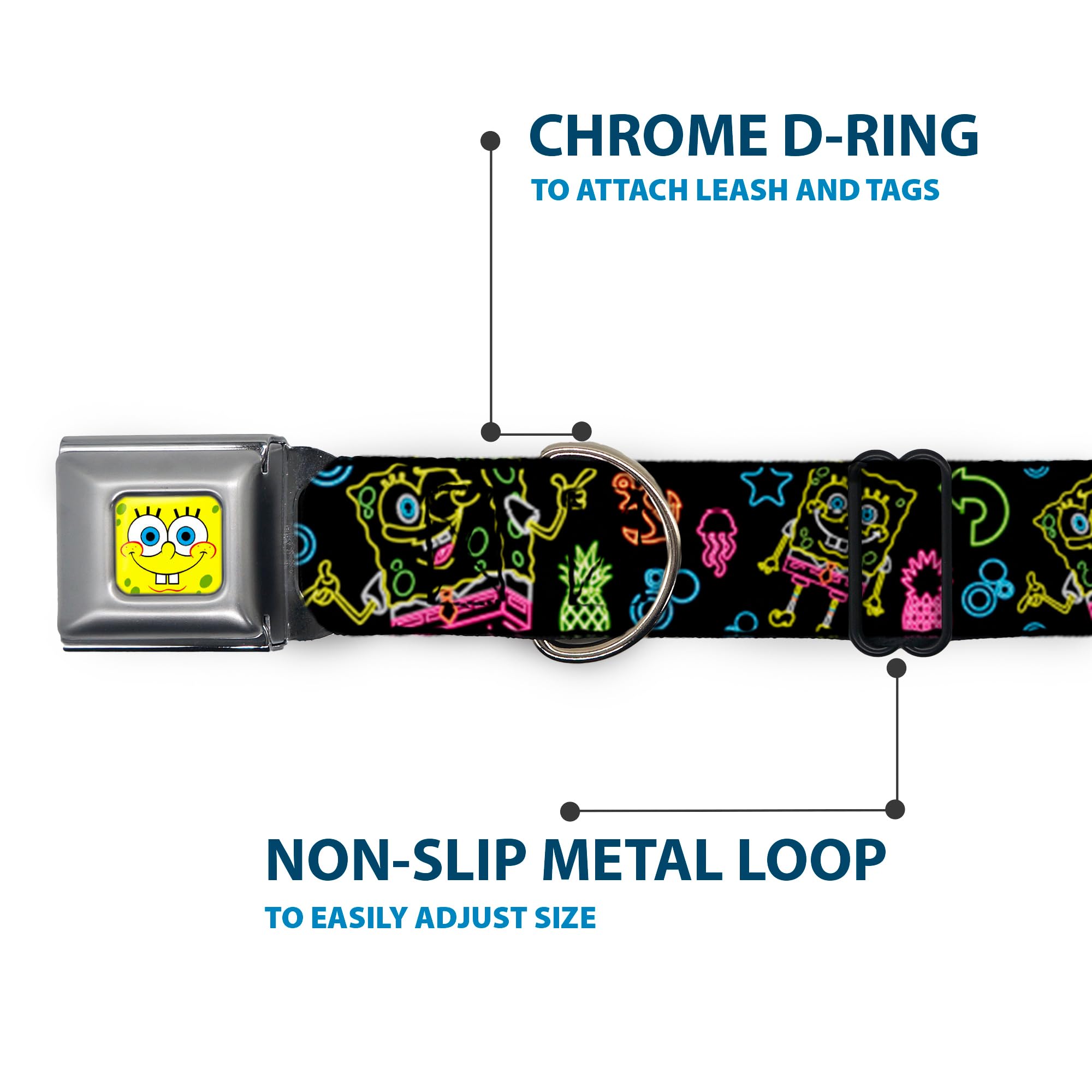 Dog Collar Seatbelt Buckle Electric Spongebob Poses Elements Black Multi Color 18 To 32 Inches 1.5 Inch Wide