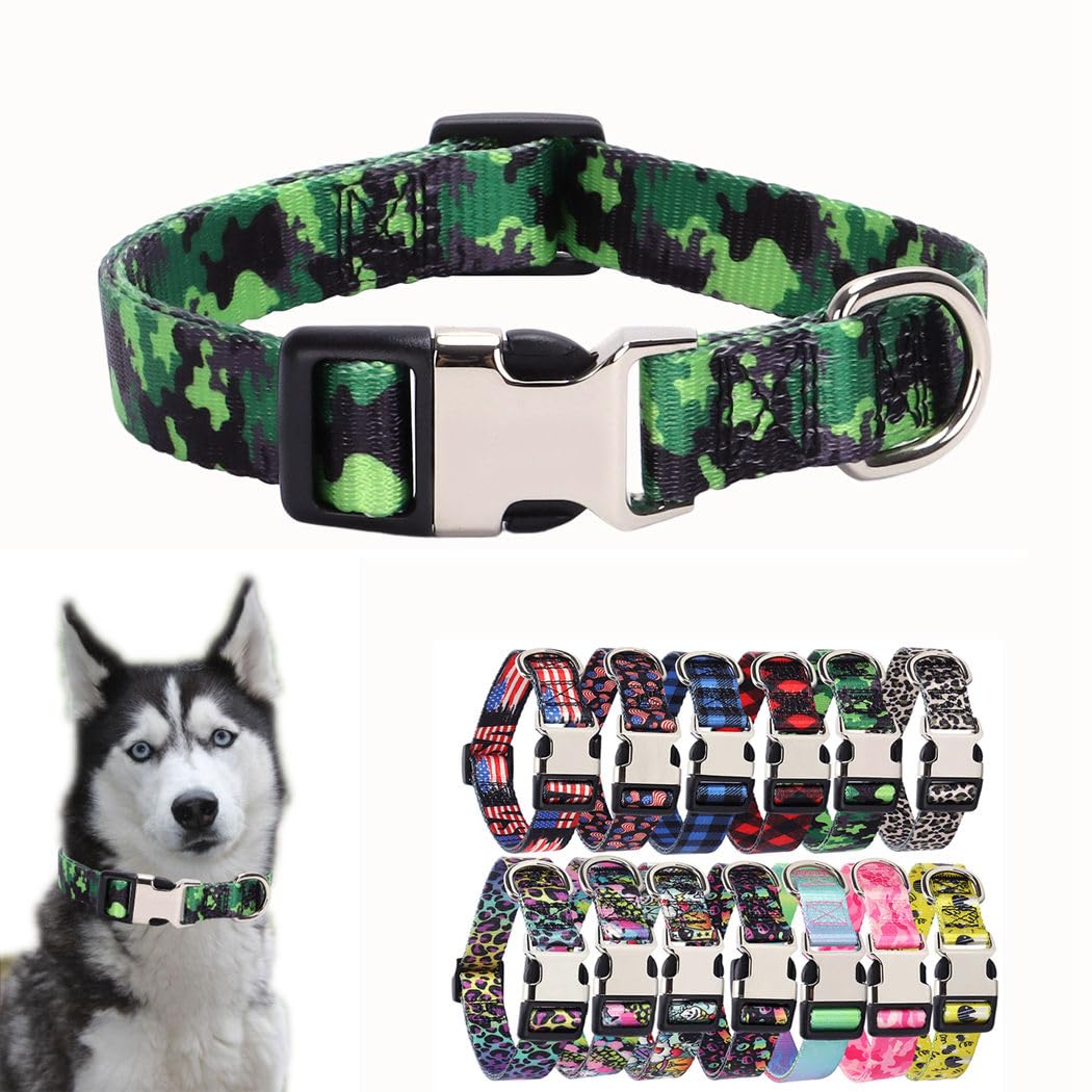 Green Camo Dog Collars For Medium Dogs, Pretty Pattern Camouflage Dog Collar Metal Buckle Durable Soft Boy Puppy Collars For Xsm