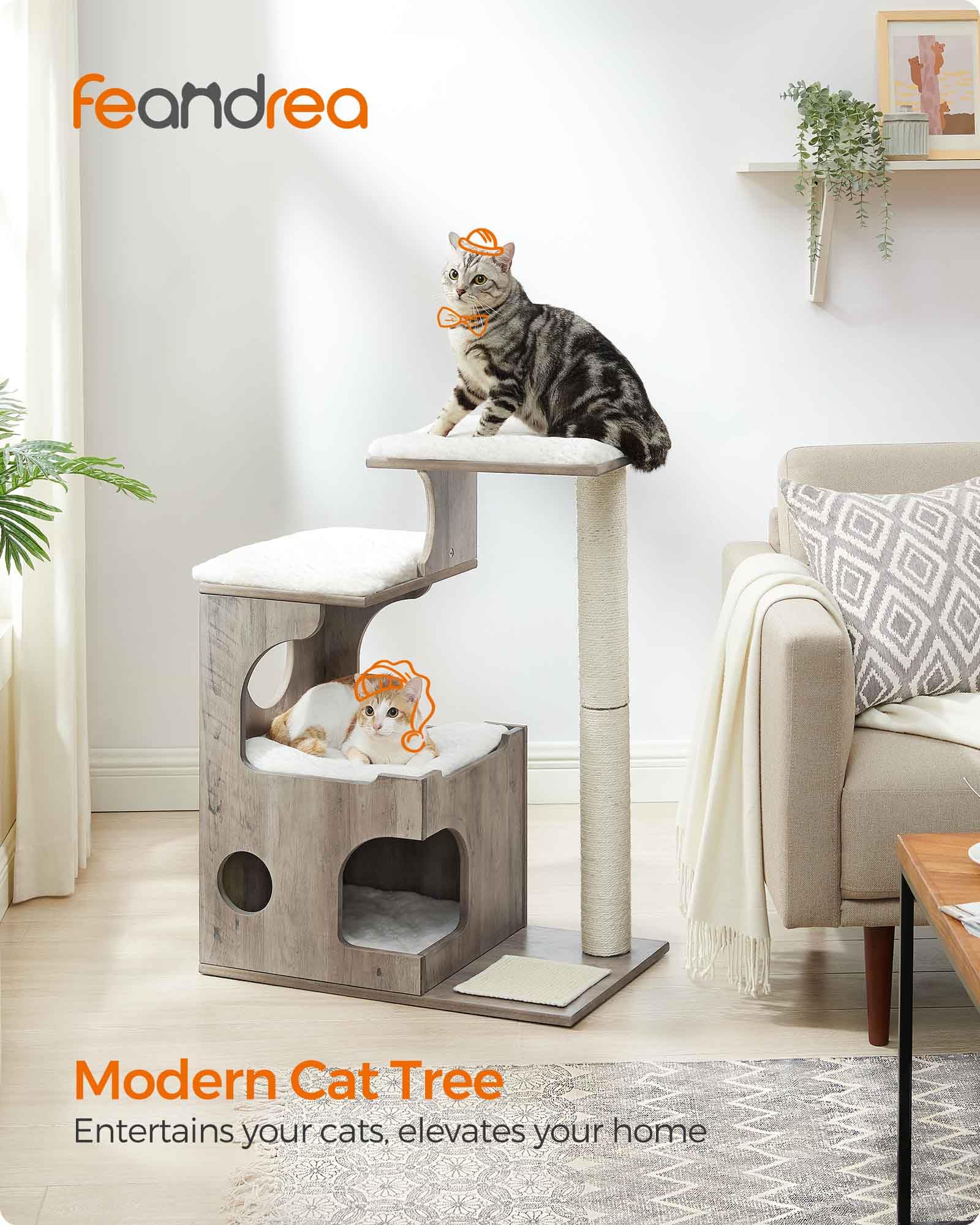 Feandrea WoodyWonders Cat Tree, 33.8-Inch Modern Cat Tower, Cat Condo with 3 Perches, Scratching Post and Mat, Cave, 4 Removable