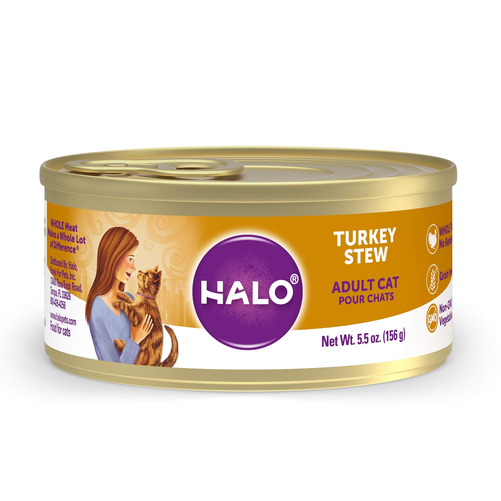 Halo Wet Cat Food Whole Turkey Stew Recipe, Grain Free Wet Cat Pate, Canned Cat Food for Extra Hydration, 5.5 Oz Can (Pack of 12