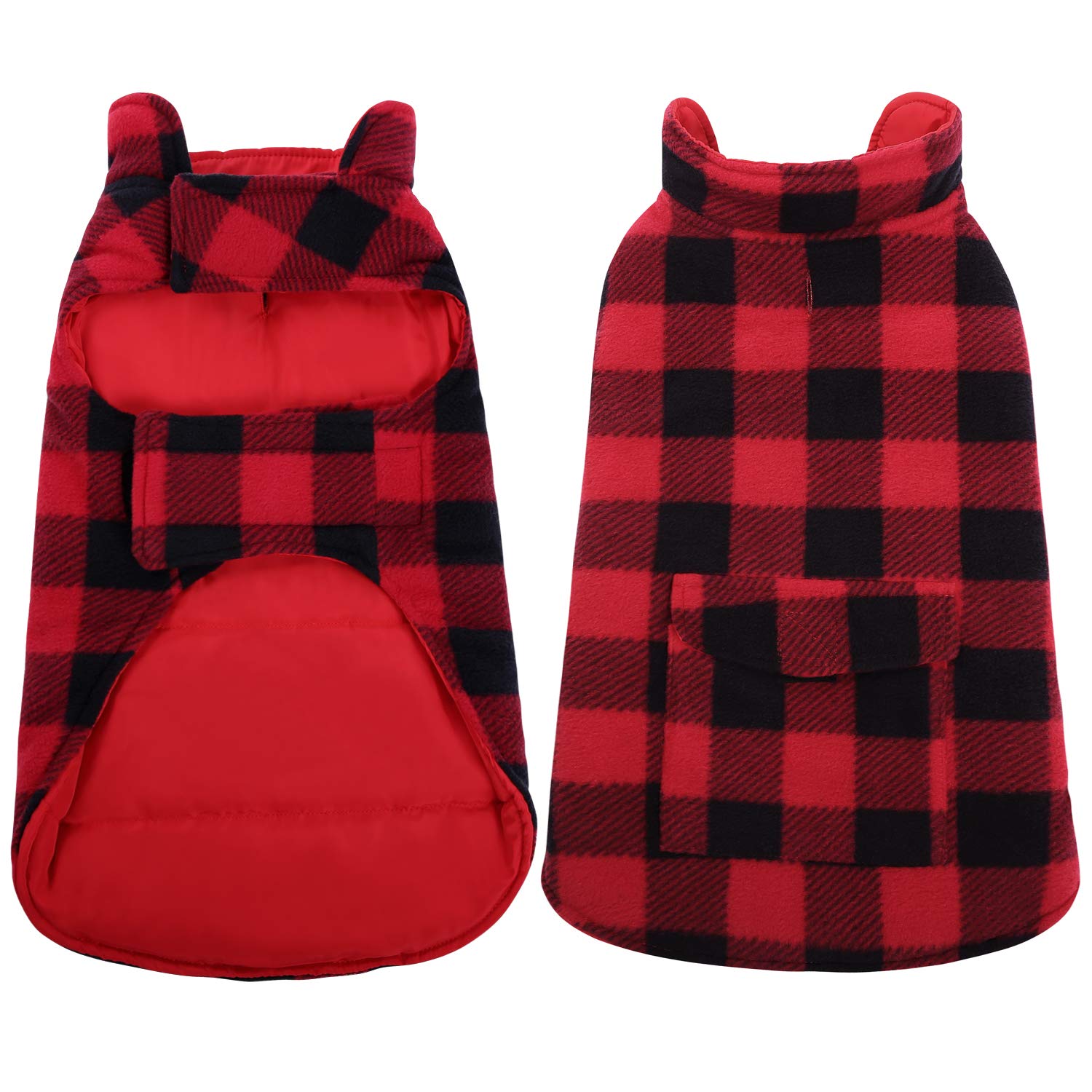Asenku Plaid Winter Coat, Fleece Jacket Reversible Vest Waterproof Windproof Cold Weather Clothes Pet Apparel For Small Medium L
