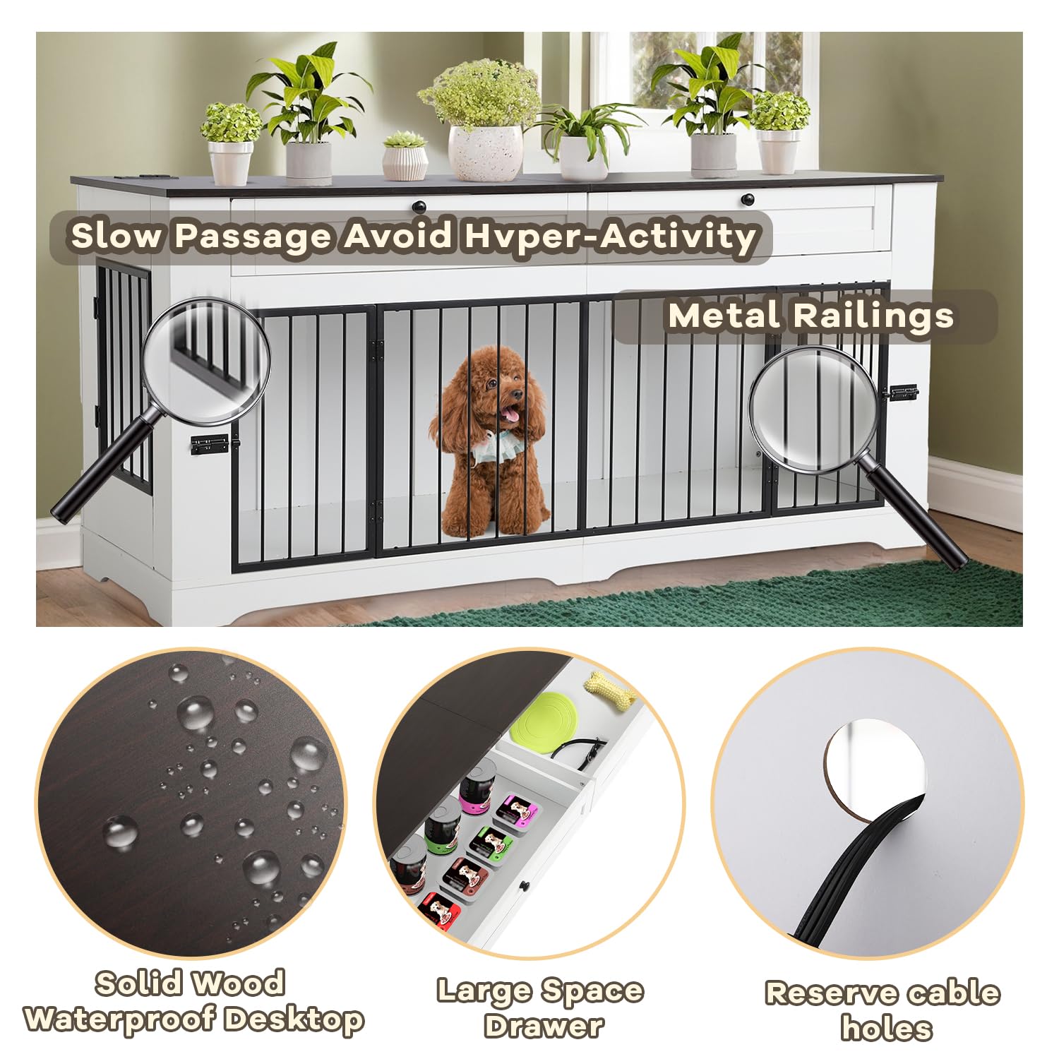 Dog Crate Furniture TV Stand with Charging Station-47.24  Heavy Duty Dog Kennel Furniture tv Table with 2 Drawers Storage,Indoor