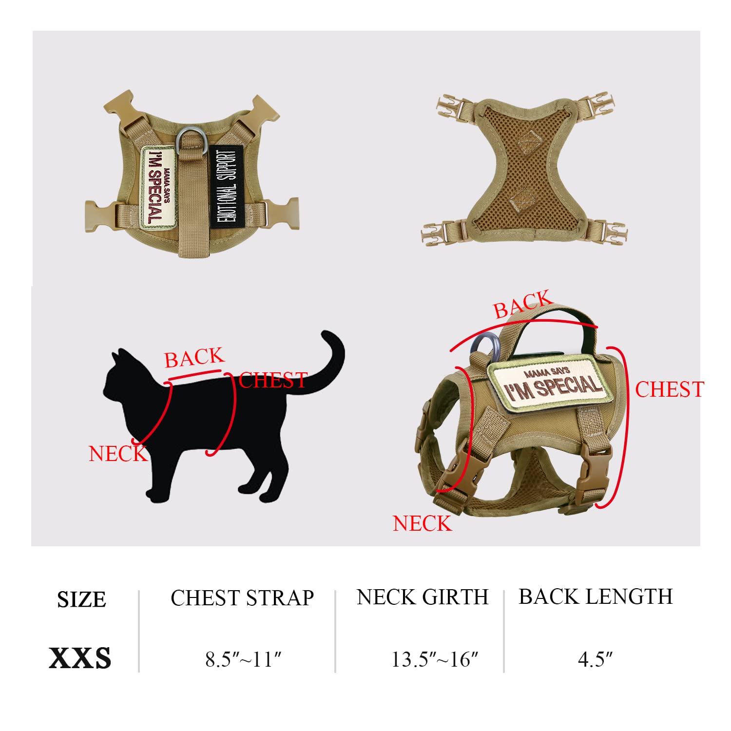 Tactical Cat Harness For Walking Escape Proof, Soft Mesh Adjustable Pet Vest Harness For Large Cat,Small Dog (Medium, Khaki)