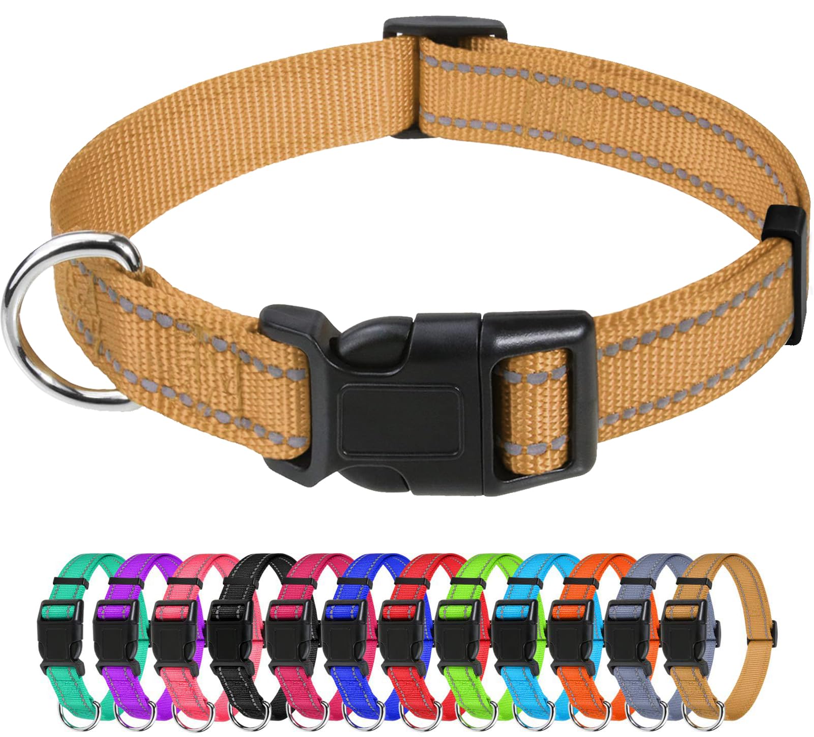 Tagme Reflective Nylon Dog Collars, Adjustable Classic Dog Collar With Quick Release Buckle For Small Dogs, Khaki, 3/4' Width