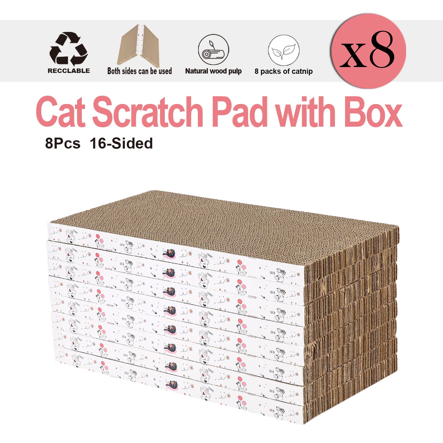 8 Packs In 1 Cat Scratch Pad, Cat Scratcher Cardboard,Reversible,Durable Recyclable Cardboard, Premium Scratch, Suitable For Cats To Rest, Grind Claws And Play