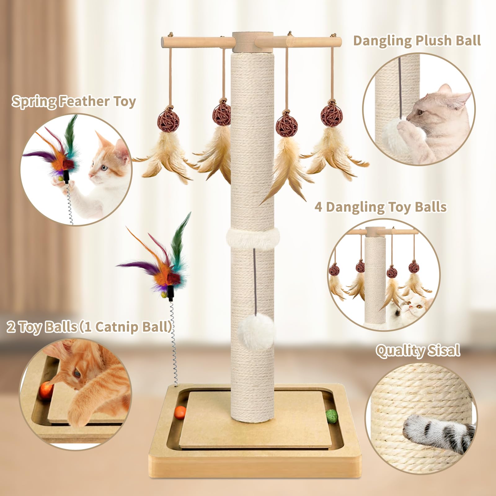 Cat Scratching Post, Sisal, Scratcher Tree Tower For Indoor Cats Adults With Hanging And Ball Track, 2 Mounting Methods Interact