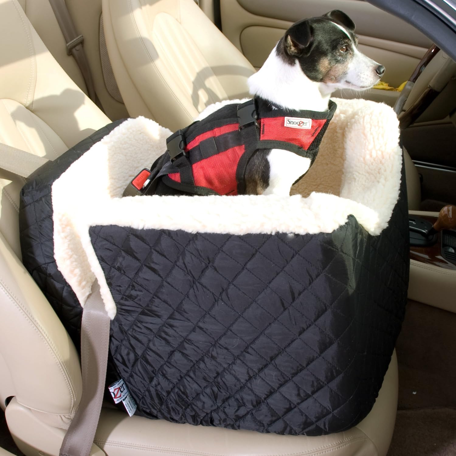 Snoozer Dog Car Seat, Lookout I Dog Booster Car Seat For Small Dogs Under 25Lbs, Size: Medium, Fabric: Black Quilted, Pet Car Seat To Alleviate Car Sickness For Dogs, Removable Machine Washable Cover