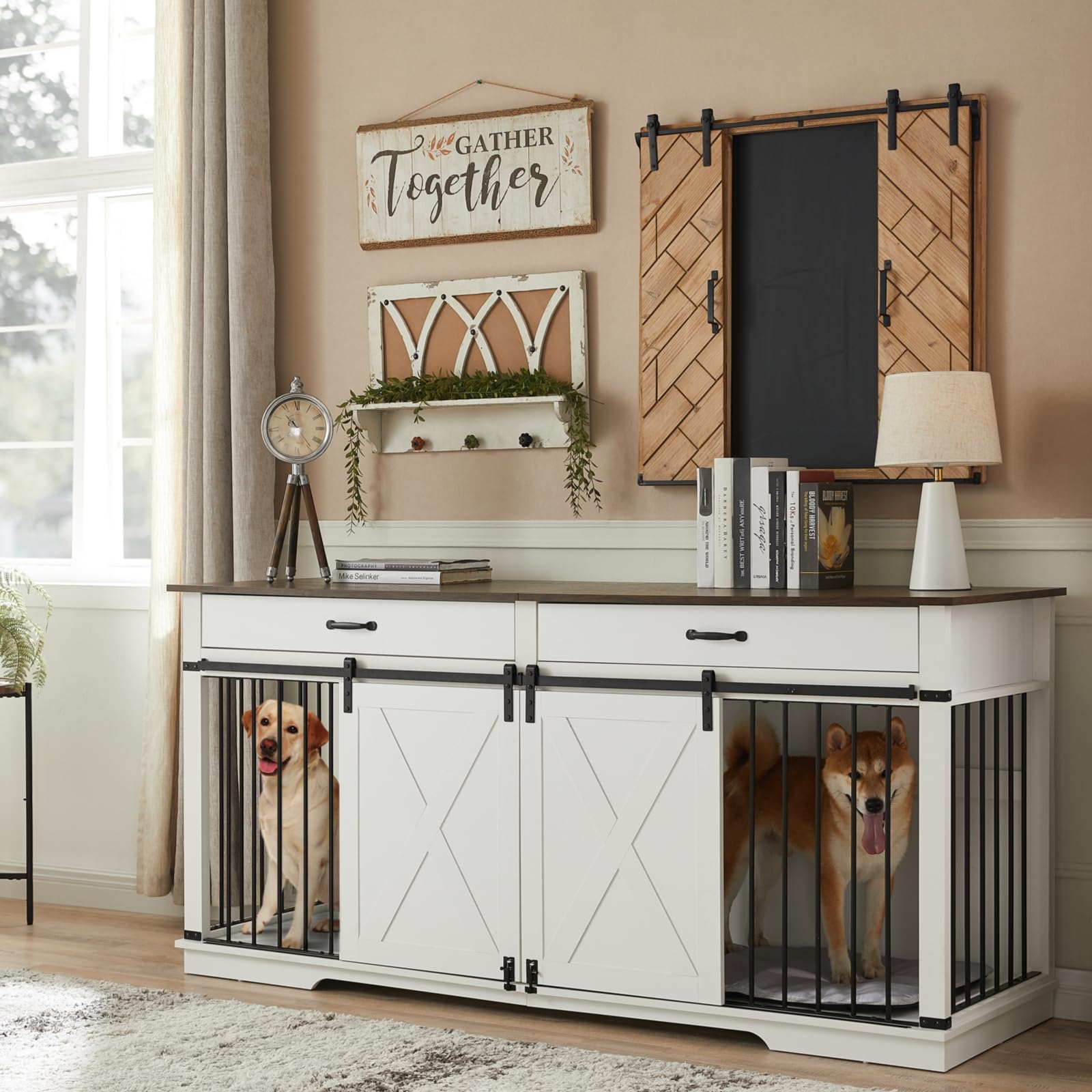 EDYO LIVING 72.5 Large Dog Crate Furniture for 2 Dogs, Wooden Dog Kennel with Drawers, Divider, Sliding Barn Door, Water Resista