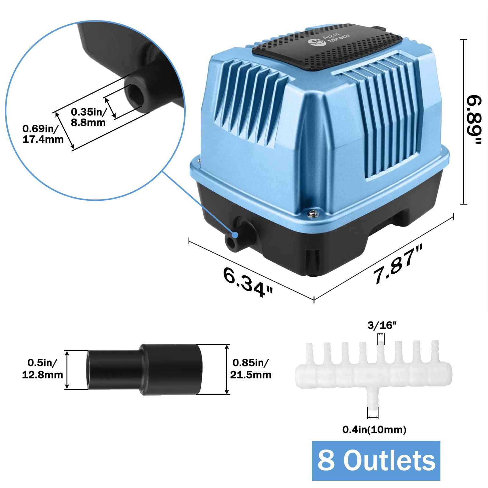 AquaMiracle AP40 Linear Air Pump, 635GPH for Pond Aeration, Blue, Copper & Steel Construction, Ideal for Aquariums & Hydroponics