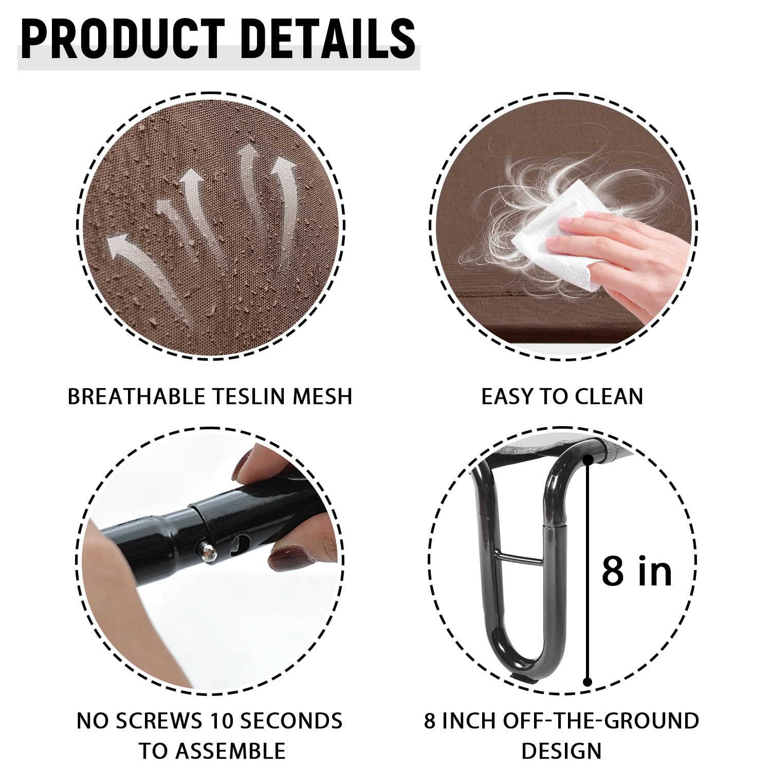 Pettycare Elevated Outdoor Dog Bed - Dog Cots Beds For Small Dogs, Waterproof Raised Dog Bed Easy To Assemble, Cooling Elevated Dog Bed With Teslin Mesh, Durable, Non Slip, Up To 35 Lbs,Brown