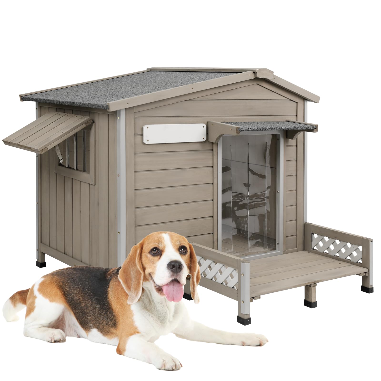 Petscosset Wooden Dog House Outdoor, Weatherproof Durable Dog Kennel Outside With Porch, Anti-Chewing Iron Frame Dog House For S