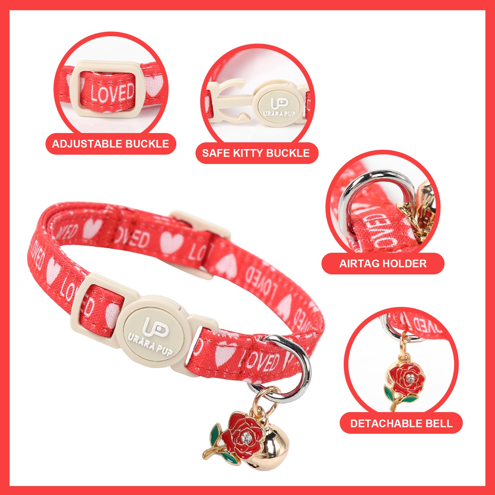 Up Urara Pup Cat Collar, 2 Pack Cat Collars Cute Breakaway Kitty Collar With Bell, Valentine'S Day Kitten Collars Pink Hearts Wi