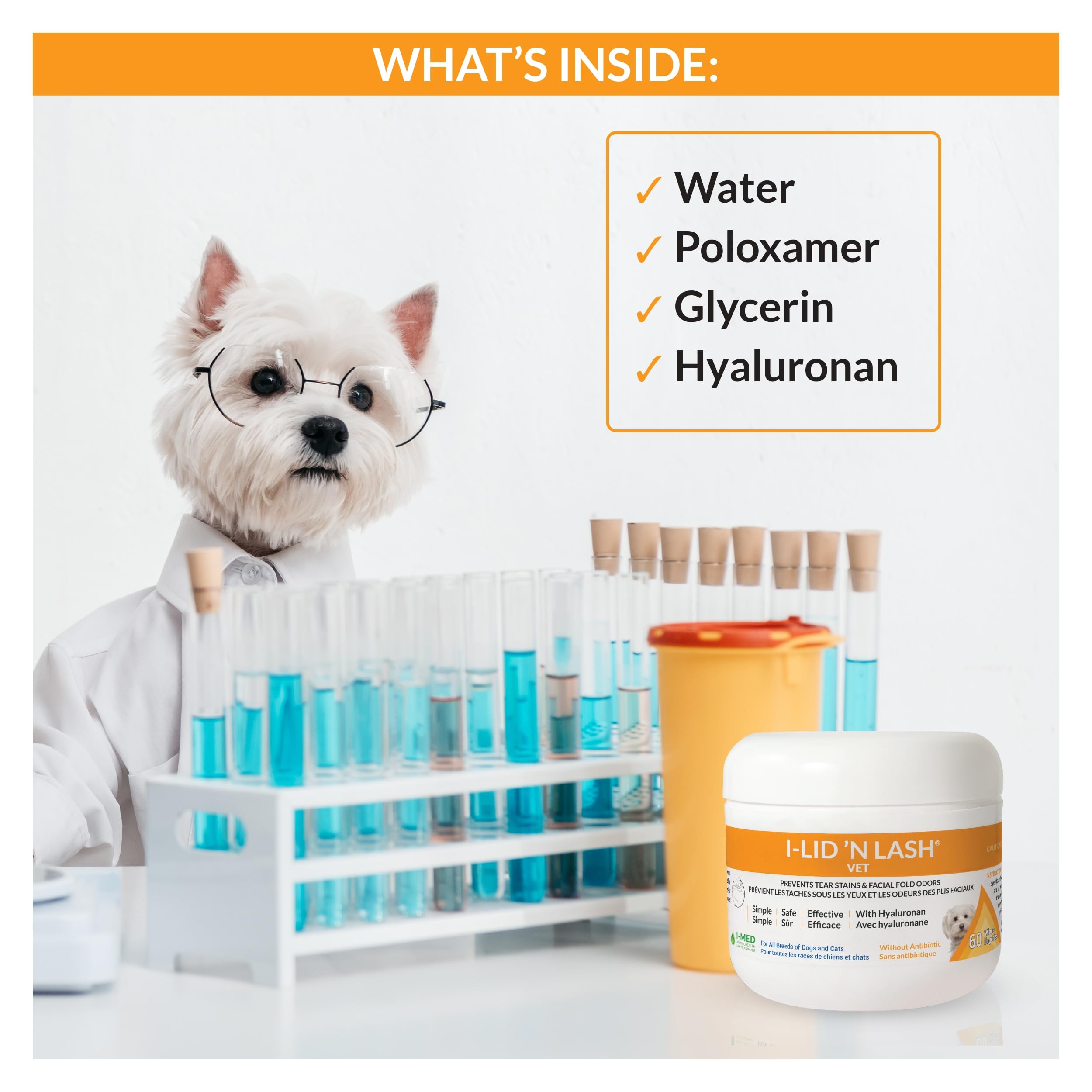 I-LID N LASH Vet Dog Eye Wipes - Best Tear Stain Remover for Dogs (60 Wipes) | Prevents Puppy Tear Stains with Hyaluronan | Cat