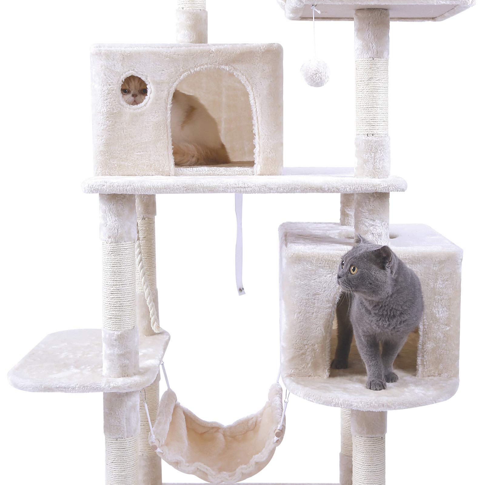 Hey-Brother Large Multi-Level Cat Tree Condo Furniture With Sisal-Covered Scratching Posts, 2 Bigger Plush Condos, Perch Hammock For Kittens, Cats And Pets Beige Mpj020M