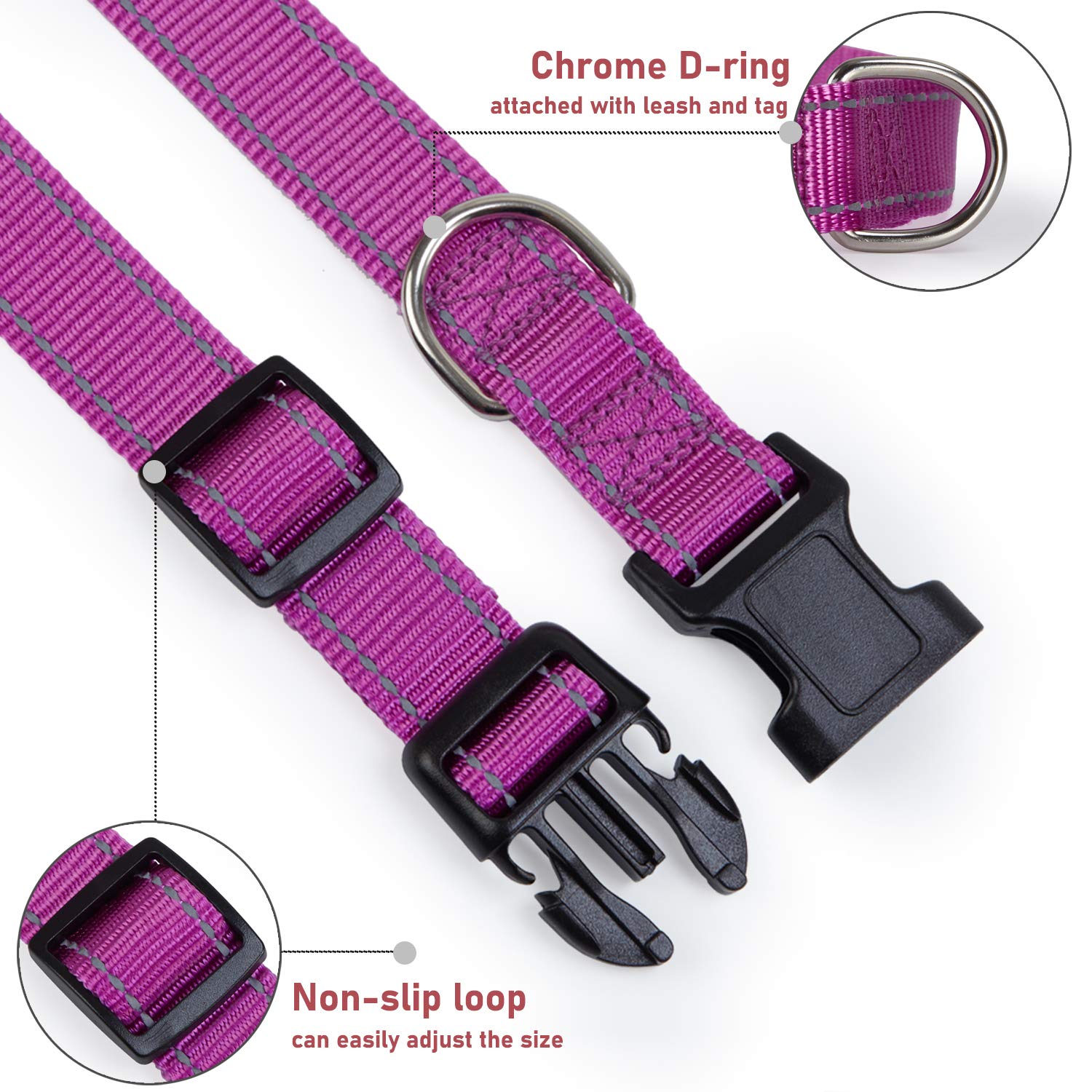 Reflective Dog Collar With Buckle Adjustable Safety Nylon Collars For Small Medium Large Dogs, Purple L
