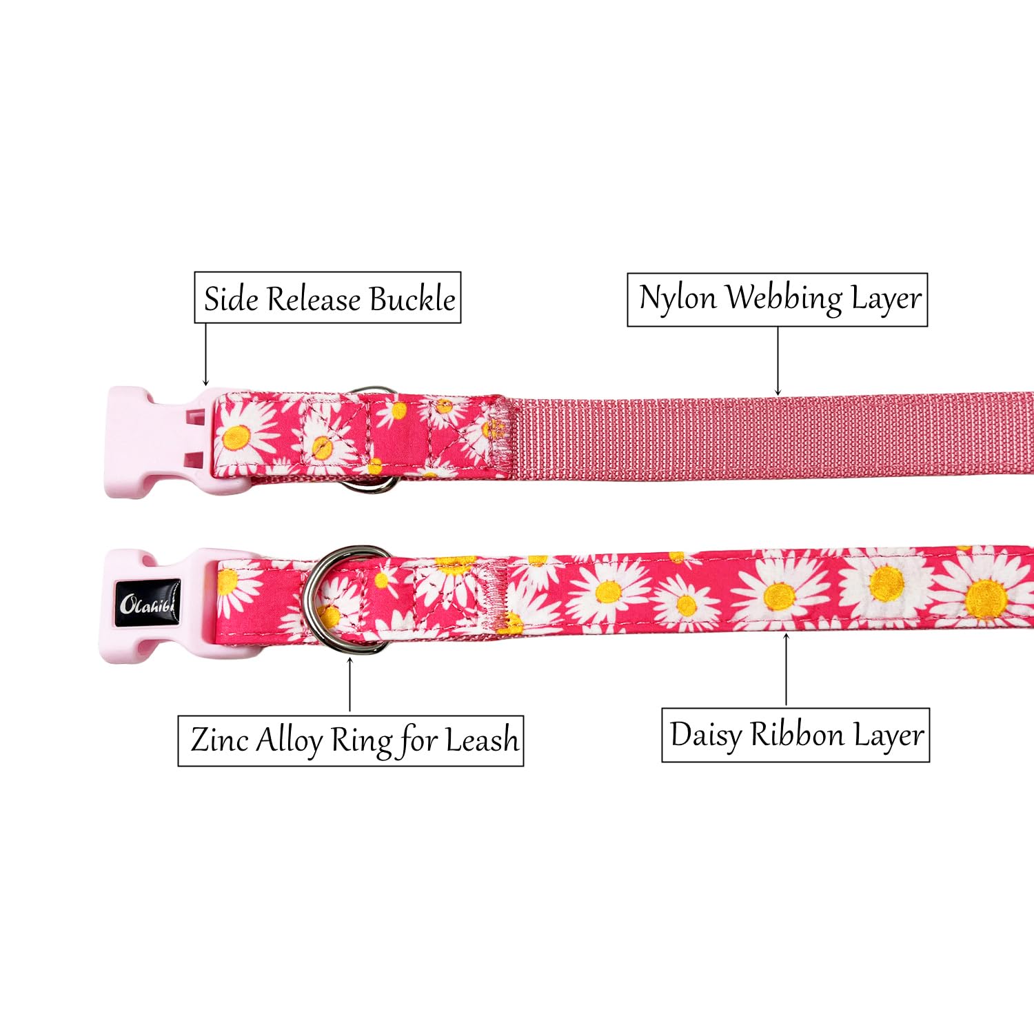 Olahibi Dog Collar Leash Set, Floral Pattern, Nylon Webbing Plus Cotton Ribbon, 5Ft Matching Leash, For Small Dogs.(S, Pink Dais