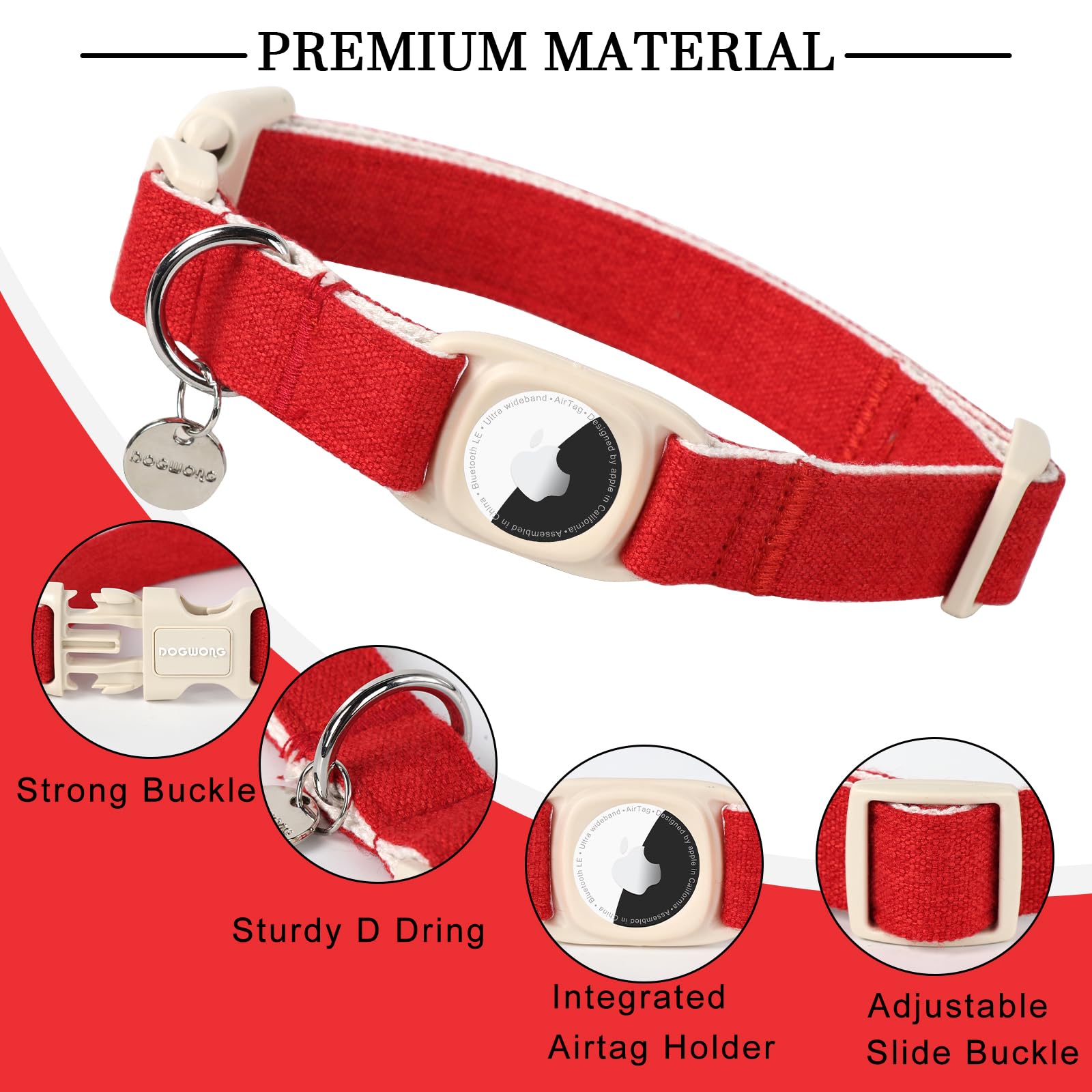 Dogwong Airtag Cotton Hemp Dog Collar, Heavy-Duty With Airtag Holder, Christmas Red, Suitable For Small, Medium, Large Dogs
