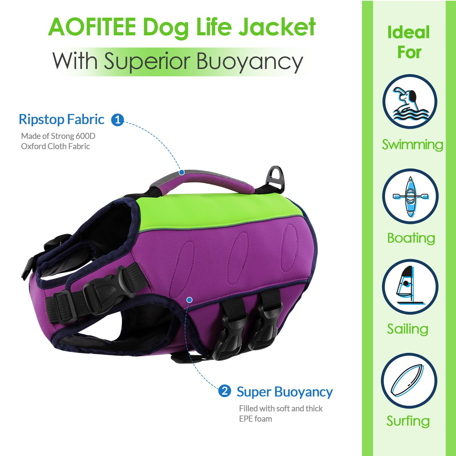 Aofitee Dog Life Jacket Small, Dog Life Vest For Swimming Boating, Ripstop Dogs Swimming Vest With Rescue Handle And Superior Bu