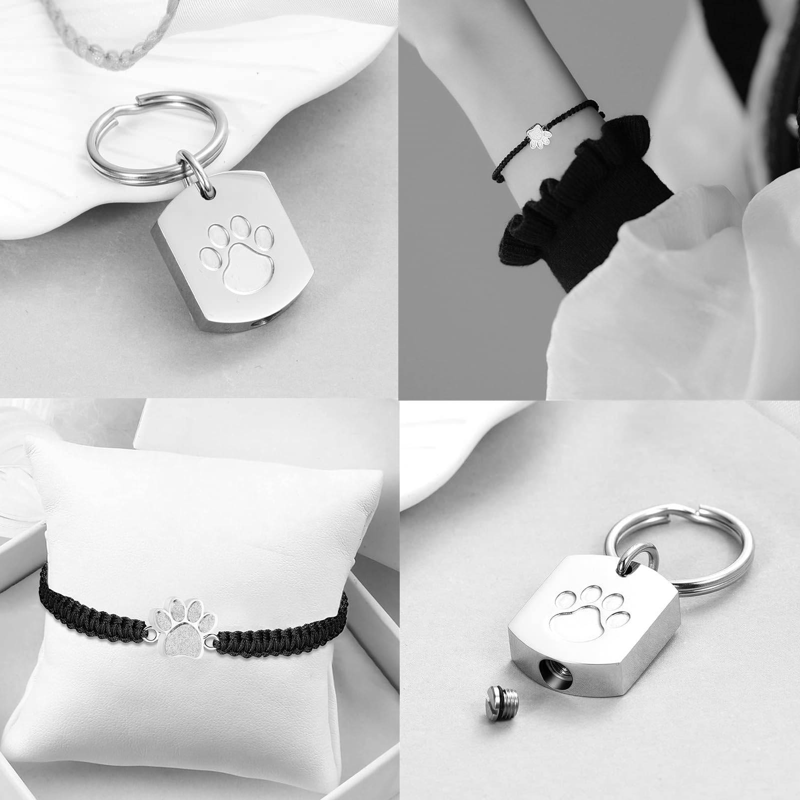 Ripfevurn 3 Pcs Pet Cremation Jewelry Urn Necklaces Bracelet Keychain For Ashes For Women Men Cat Dog Paw Print Ashes Keepsake M