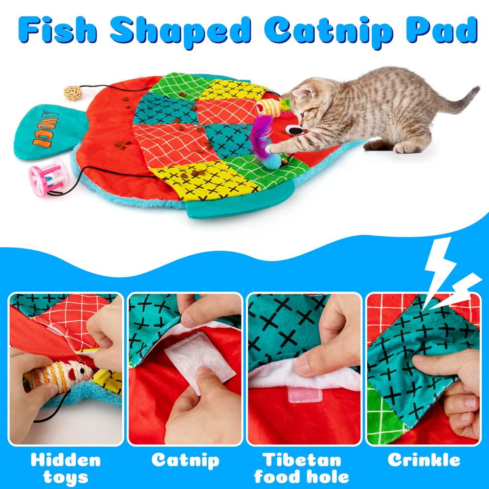 Awoof Cat Mat, Cute Soft Catnip Mat, Cat Activity Mat Machine Washable Cat Play Mat For Small Medium Large Cats With 8 Pockets,