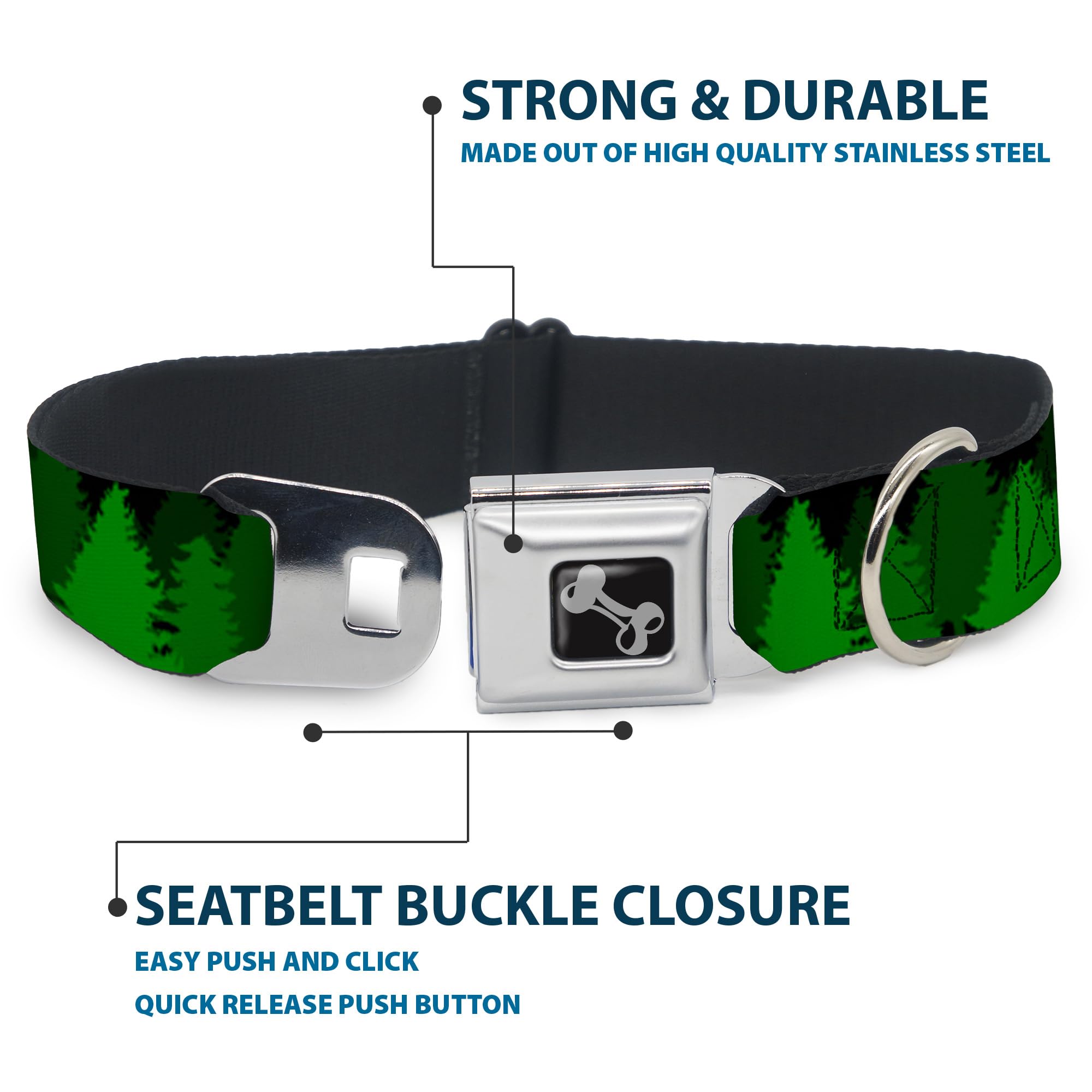 Buckle-Down Dog Collar Seatbelt Buckle Pine Tree Silhouettes Black Greens 16 To 23 Inches 1.5 Inch Wide, Multicolor (Dc-W34291-W