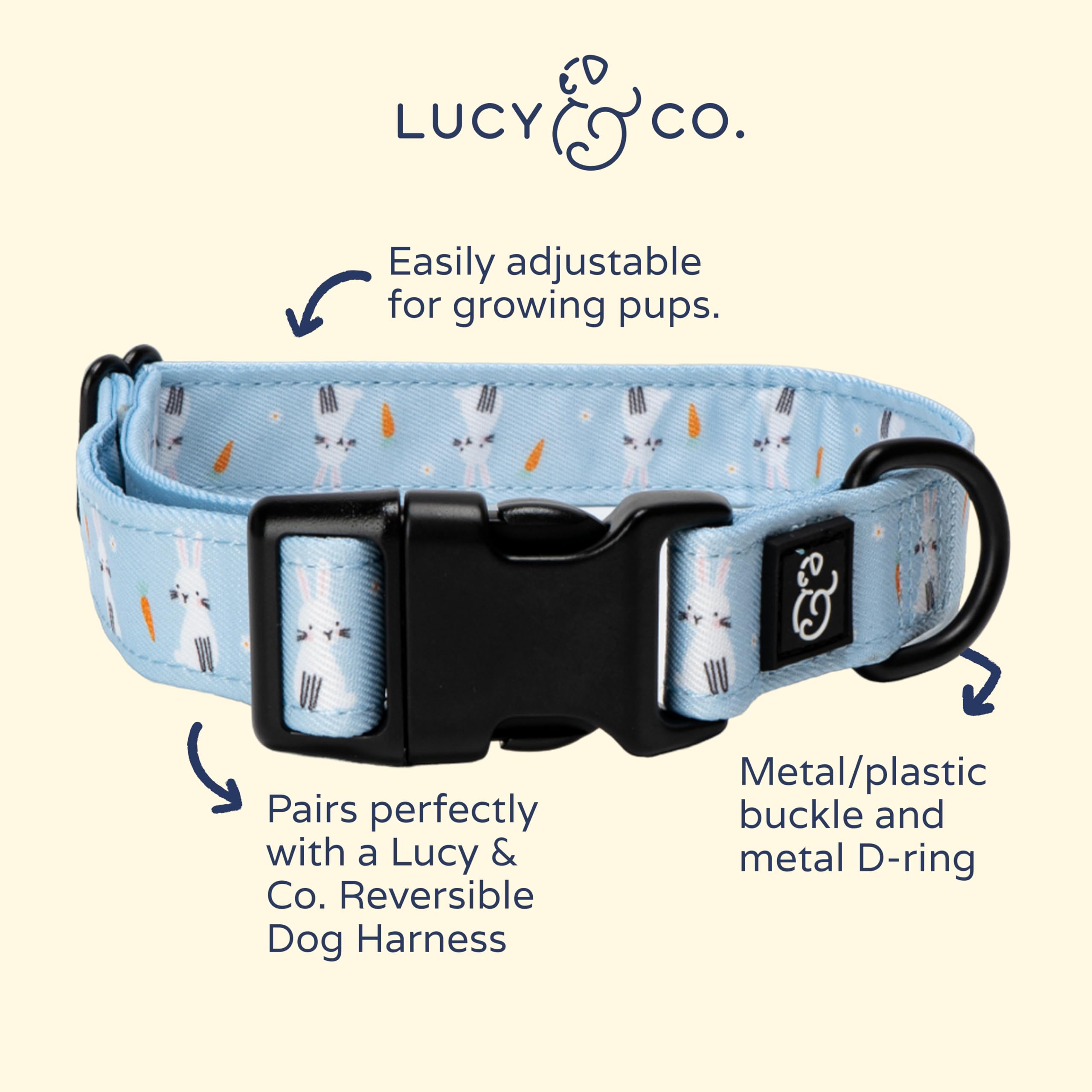 Lucy & Co. Funny Bunny Dog Collar - Durable Lightweight Designer Collar For Pets - Adjustable Metal Safety Buckel - Blue Green B